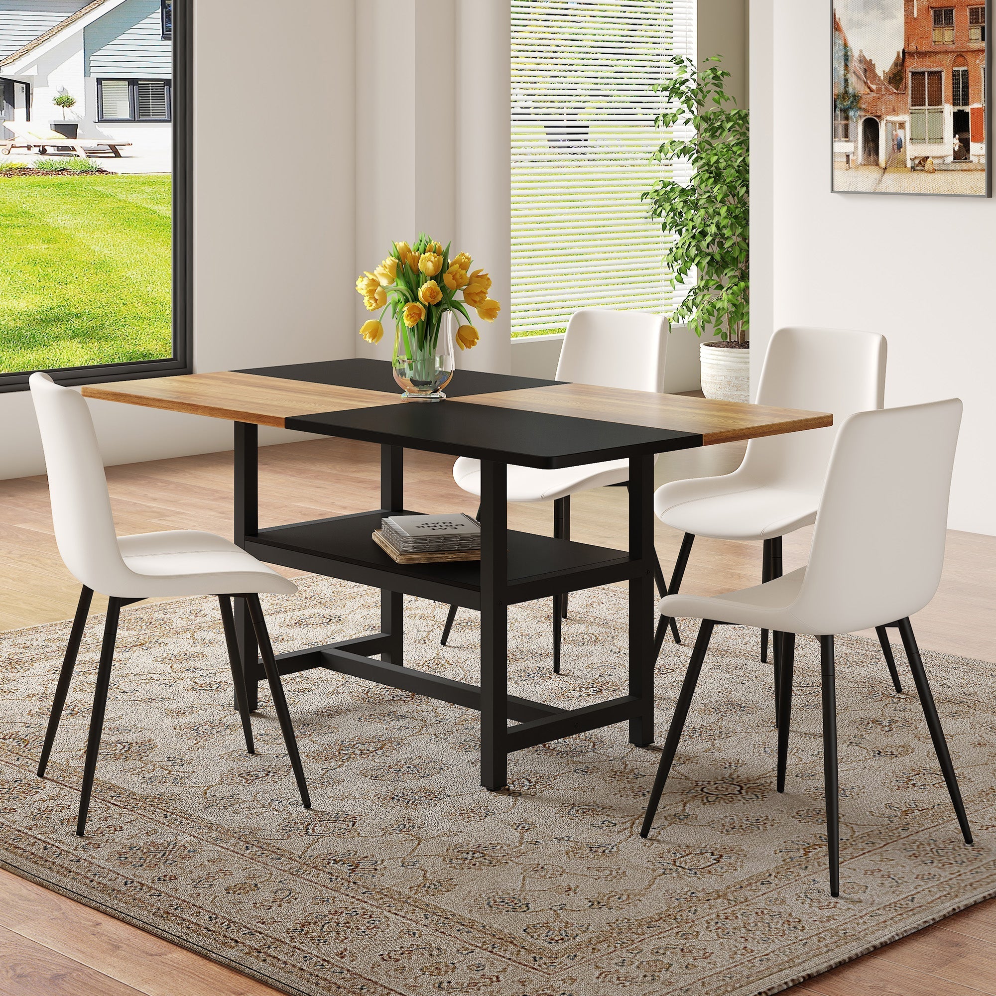Dining Table Set 160cm Rectangular Storage 4 Chairs - White PU