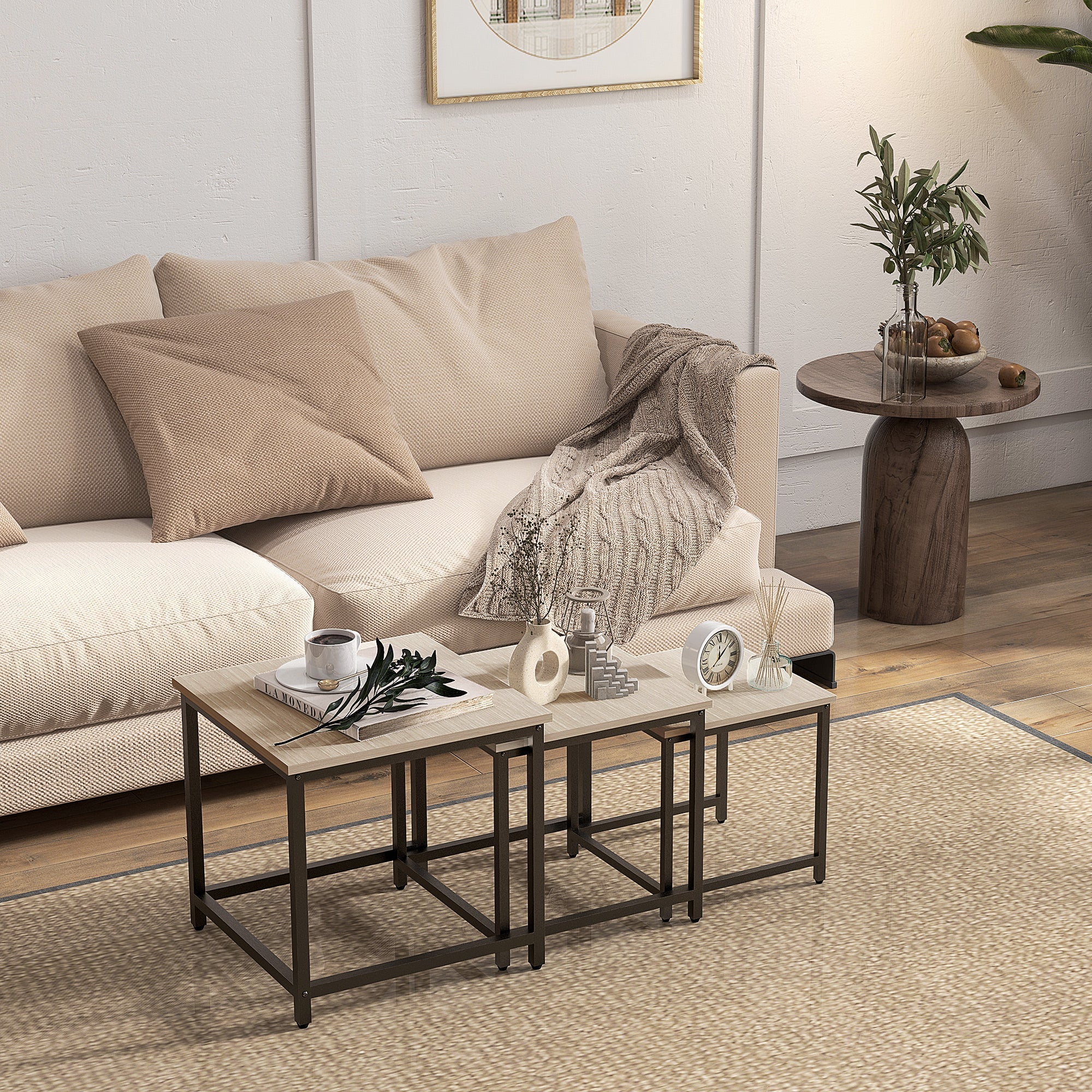 Set of 3 Coffee Tables Nesting Steel Frame Wood Look, Natural