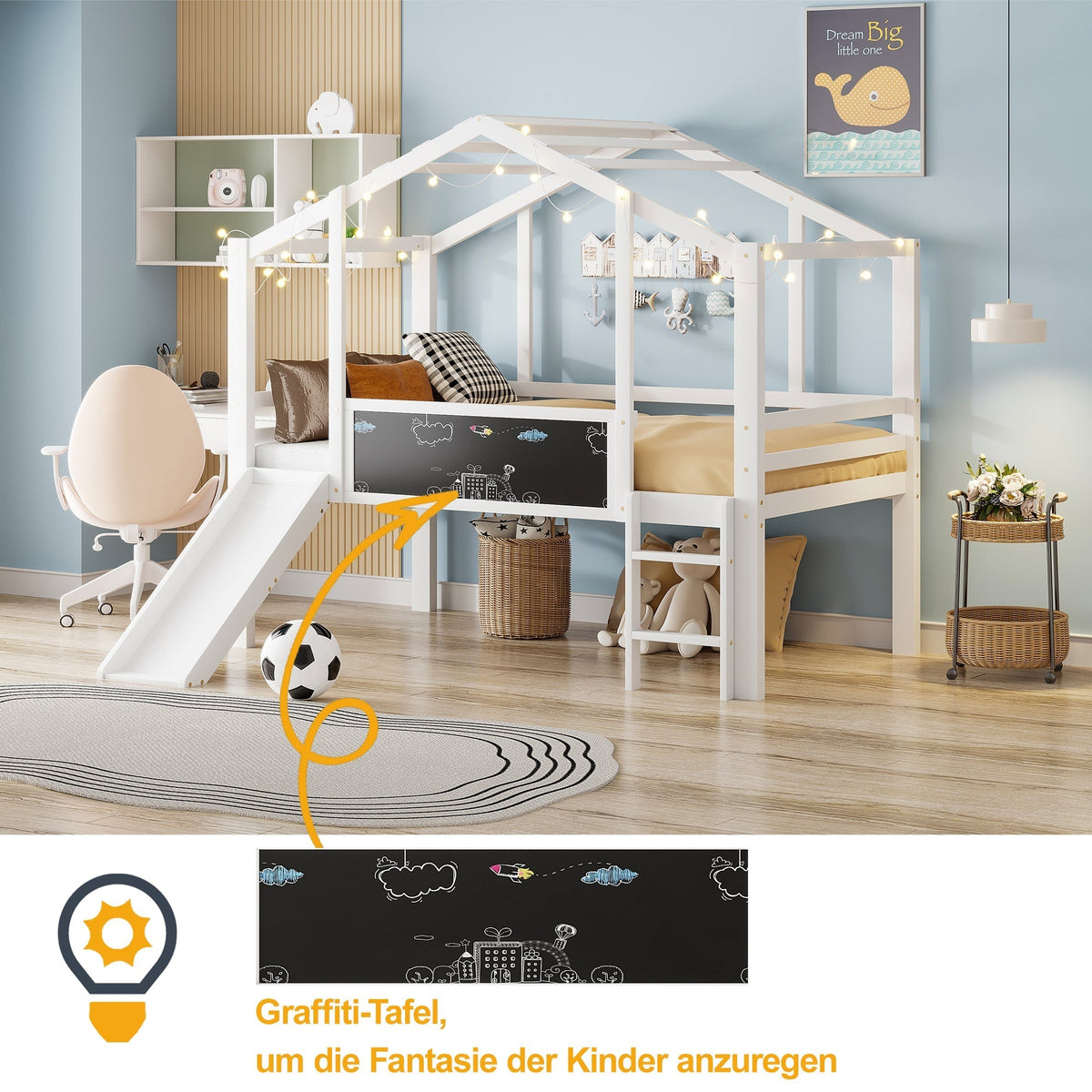 Children's Bed Attic Design, Ladder, Slide, Graffiti Board, Multifunctional Solid Wood, White