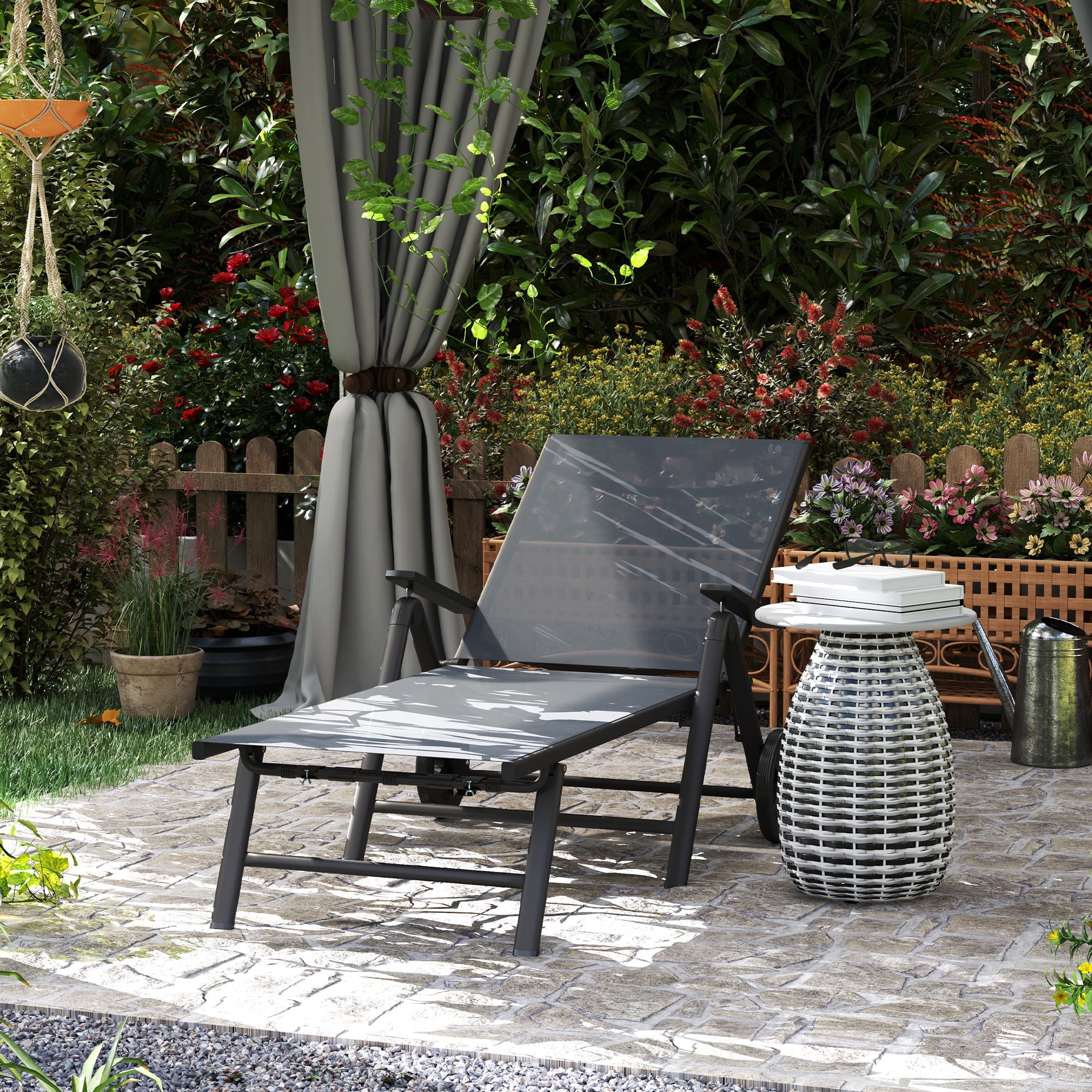 Folding Sun Lounger, 5-Position Adjustable Reclining with Wheels, Metal Frame Grey