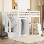 Loft Bed with Wardrobe, Desk, Stairs and Drawers, 90 x 200cm, White