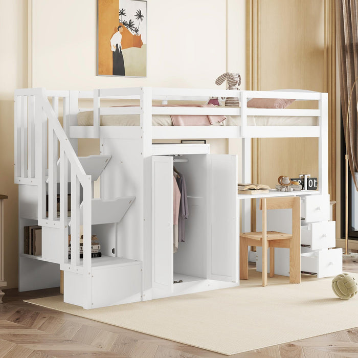 Loft Bed with Wardrobe, Desk, Stairs and Drawers, 90 x 200cm, White