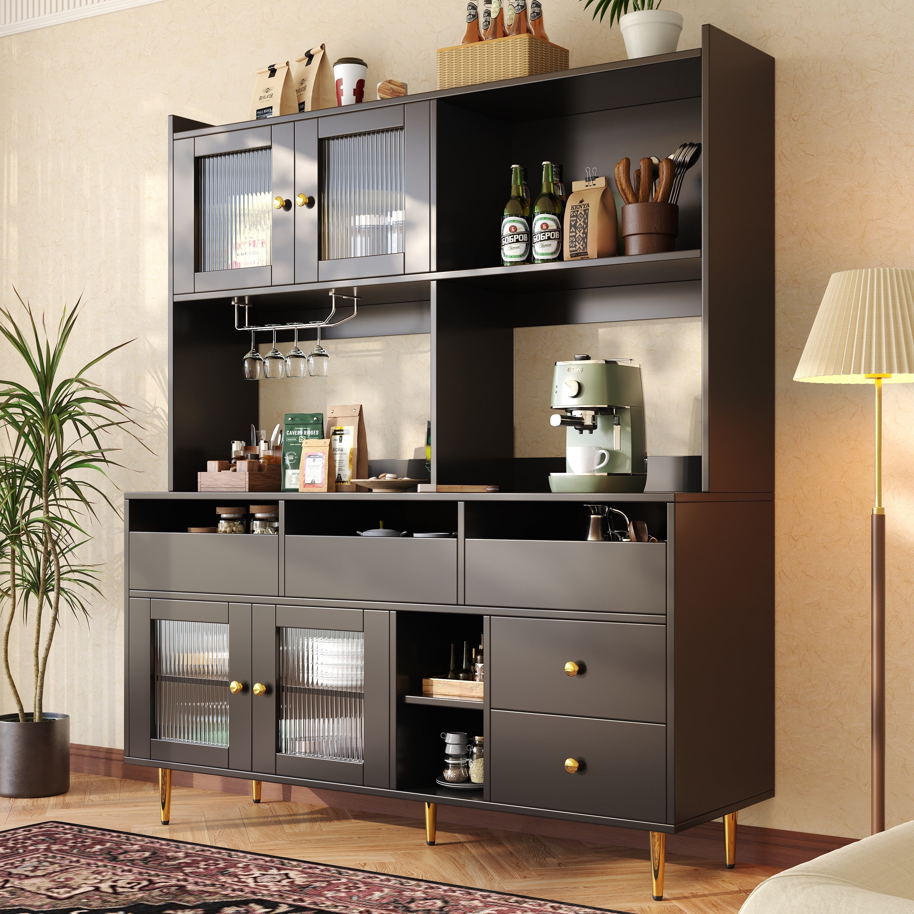 Dining Room Tall Cabinet, Changhong Glass Doors, Wine Glass Rack, Multi-Layer Storage, Black with Gold Decor