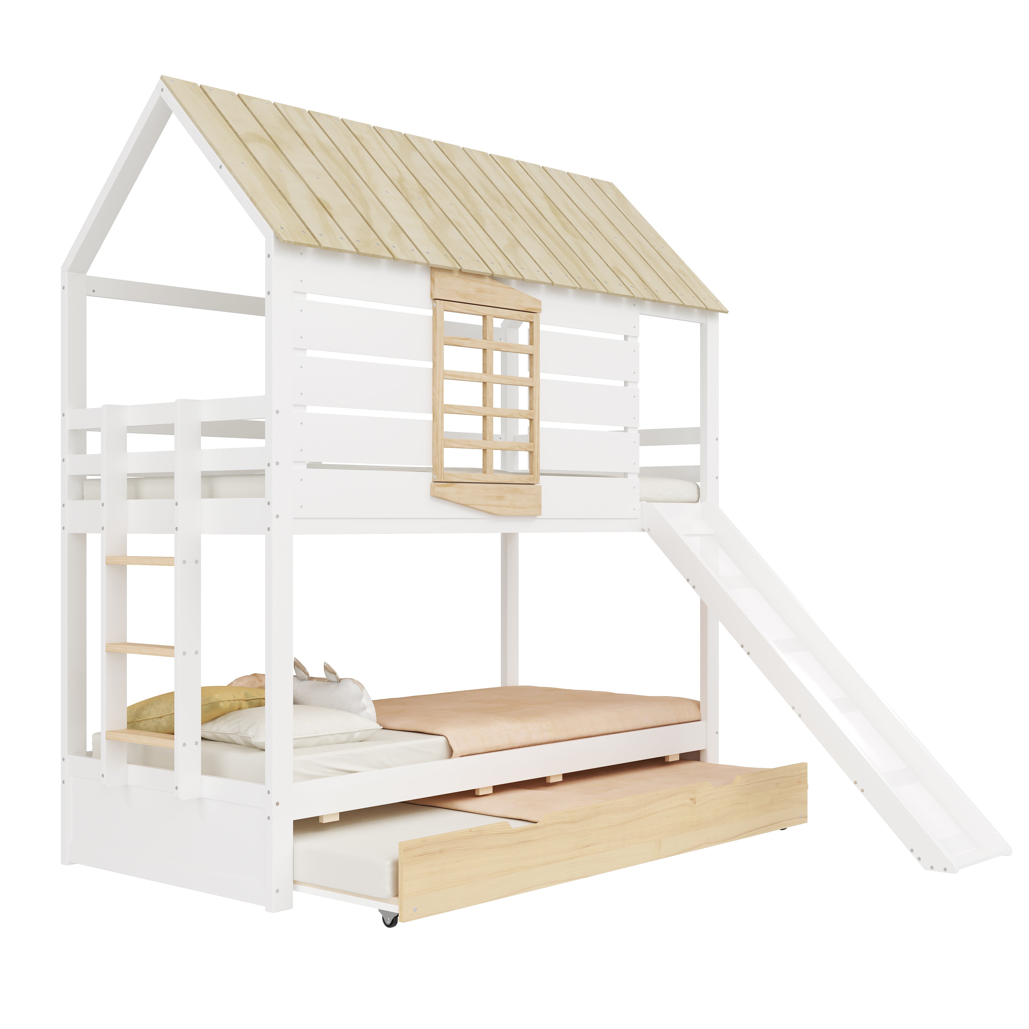 House-Shaped Bunk Bed with Slide and Pull-Out Bed, 90x200, White and Natural Pine
