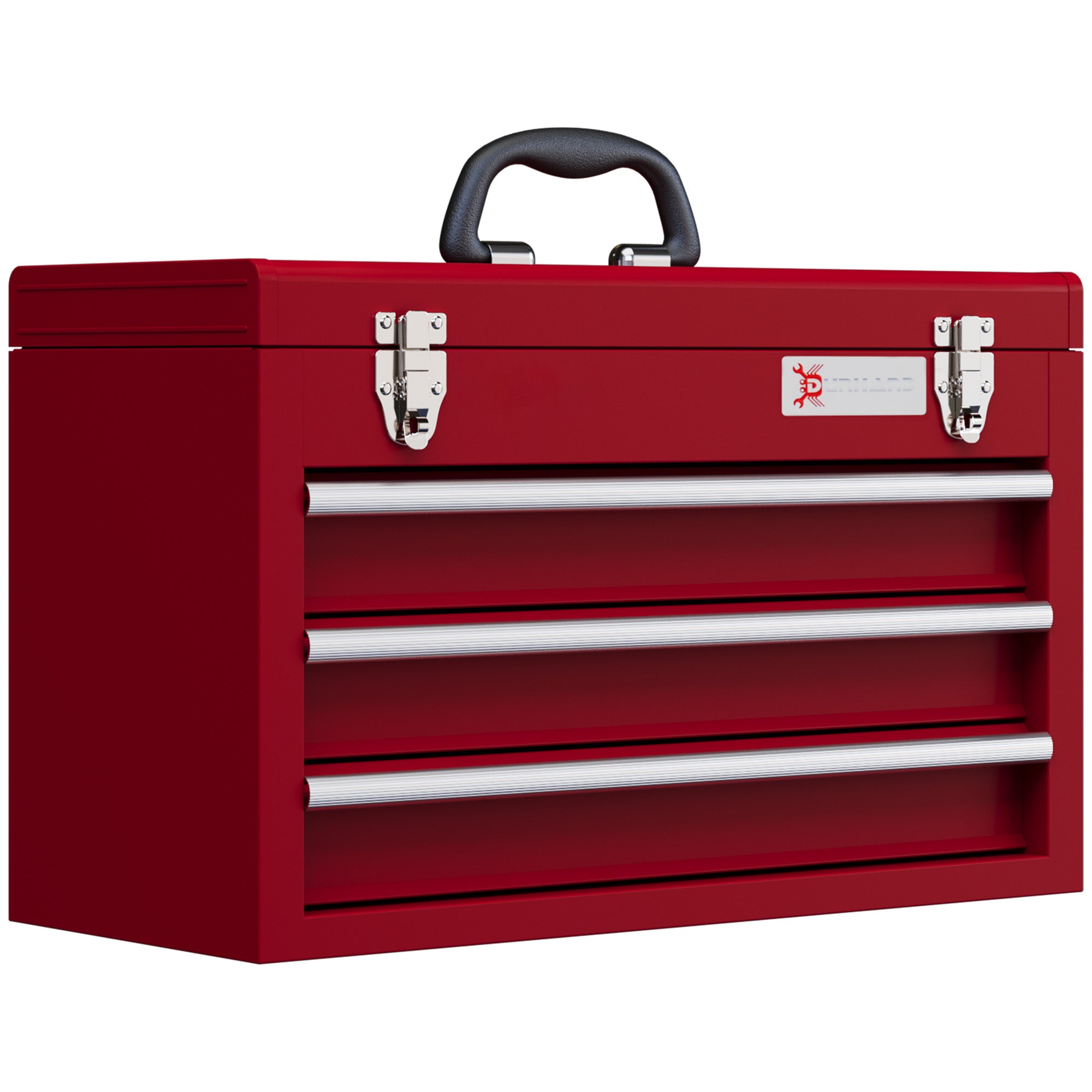 DURHAND empty tool case with 3 drawers and upper storage compartment, steel, red
