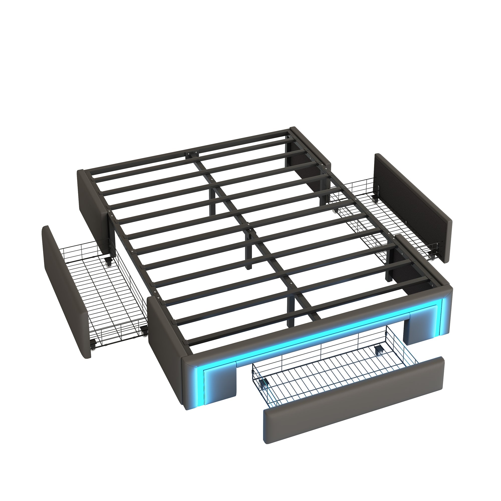 Bed Frame 160x200 with Drawers, LED Light Bar, Metal Slatted Platform, PU Leather Gray