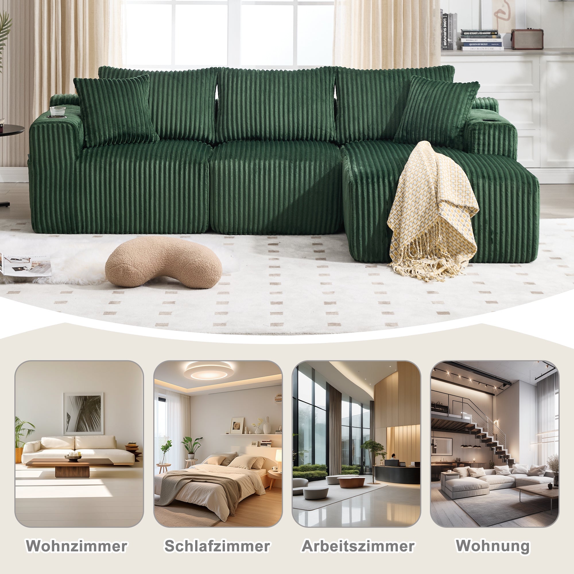 Modular Sofa Set Chaise Longue 2-Seater Side Pockets Drink Holders DIY - Corduroy