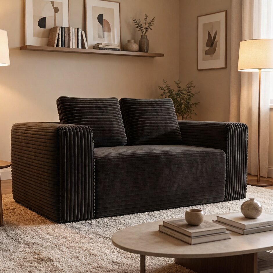 Boneless Deep Seat 2-Seater Couch No Assembly Foam Floor Sofa Plush Corduroy Black