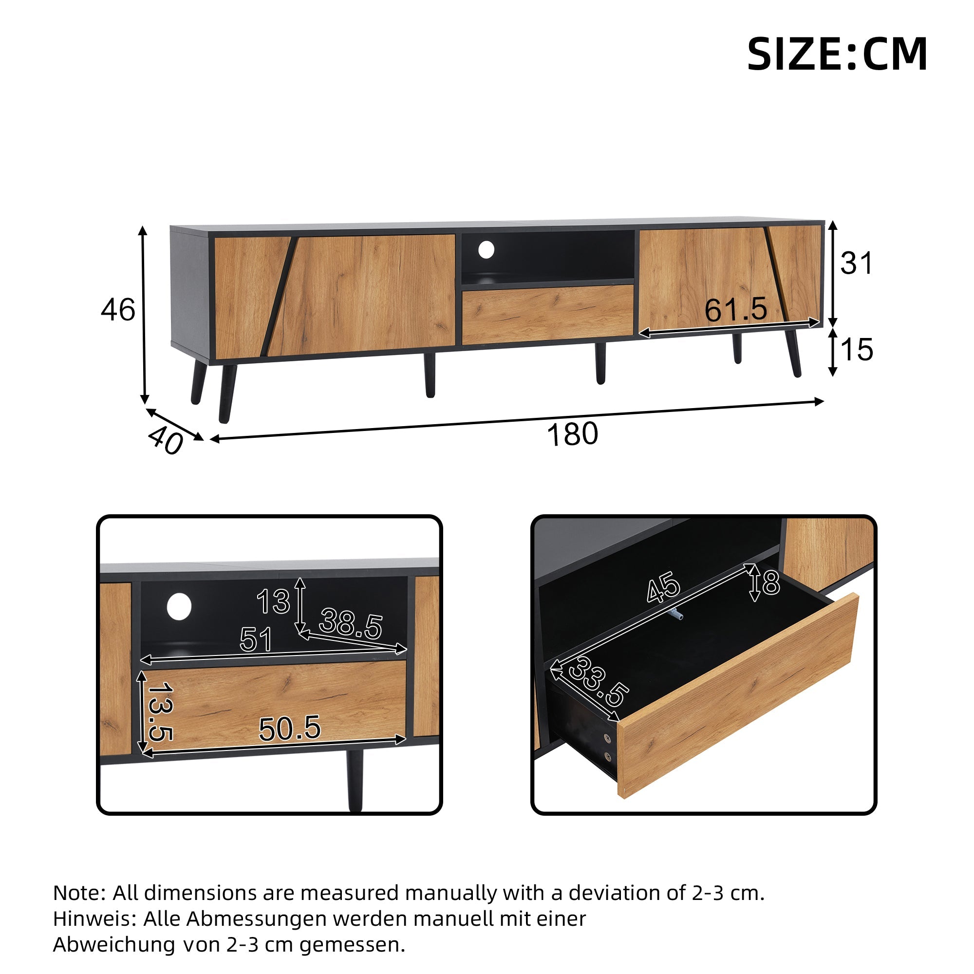 Lowboard TV Board, TV Cabinet with Drawers and 2 Cabinets, Modern Minimalist, Solid Wood