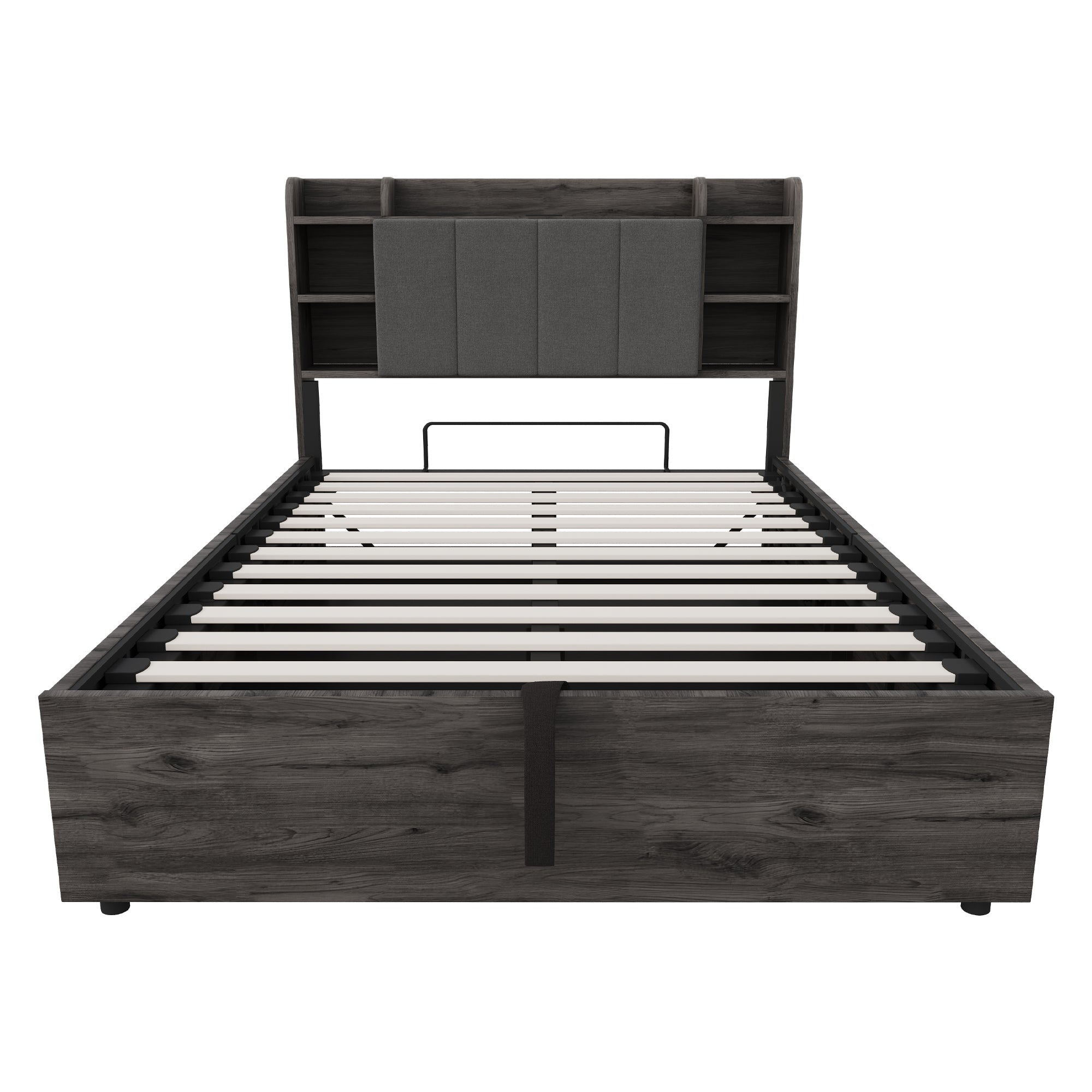Wooden Bed, 140x200cm Hydraulic with Storage Headboard, USB & Type-C Socket, Grey