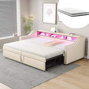 Extendable Upholstered Sofa Bed with Storage, LED and USB, 90/180x200cm, Beige Velvet