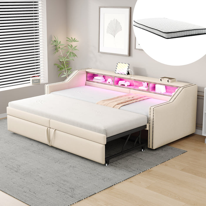 Extendable Upholstered Sofa Bed with Storage, LED and USB, 90/180x200cm, Beige Velvet