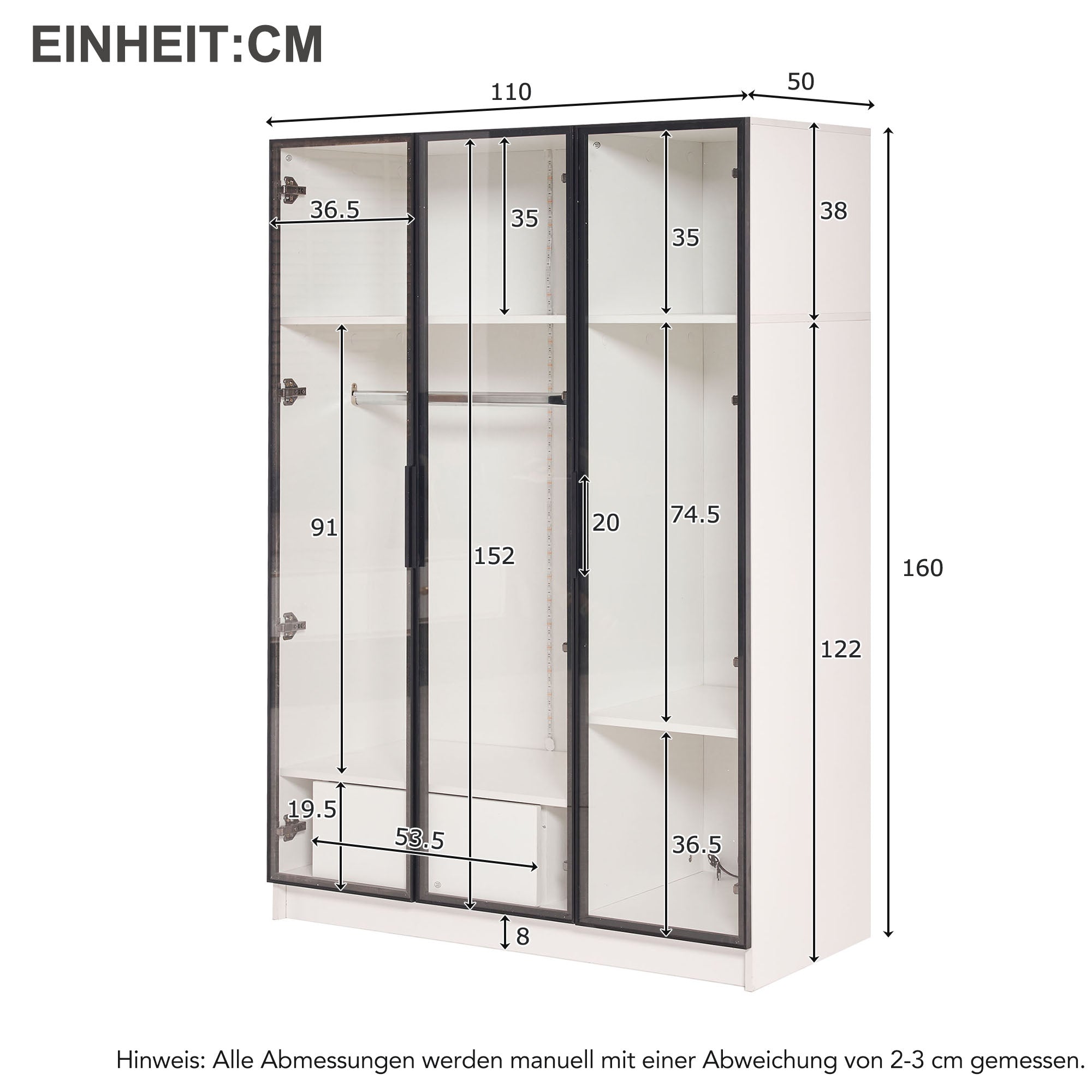 Wardrobe, 3 Glass Doors, 1 Drawer, 1 Clothes Rail, 110x50x160 cm, White with LED Light
