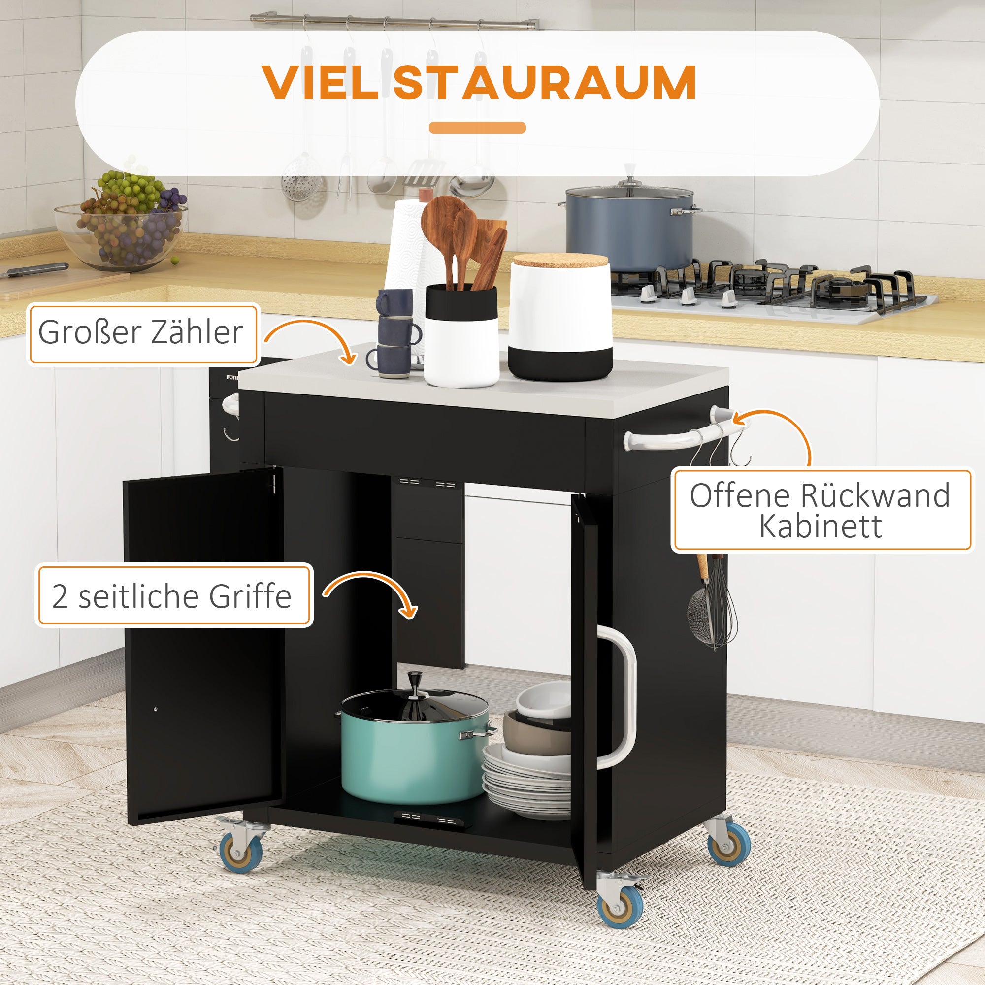 Kitchen Trolley Serving Cabinet with Wheels Hooks 86x50x86.5cm, Black Stainless Steel