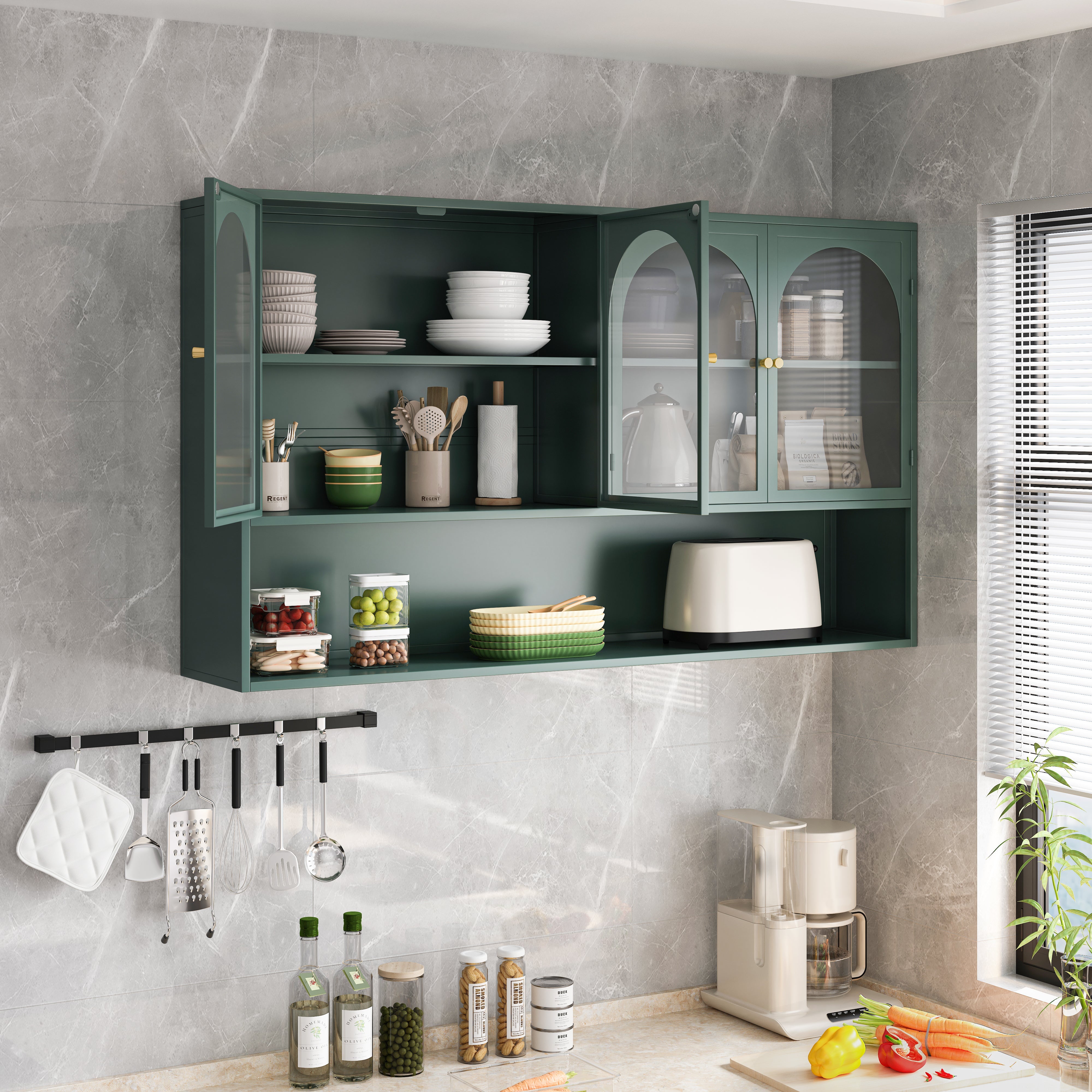 Four-door Glass Wall Cabinet, 120CM Wall-mounted, Dark Green