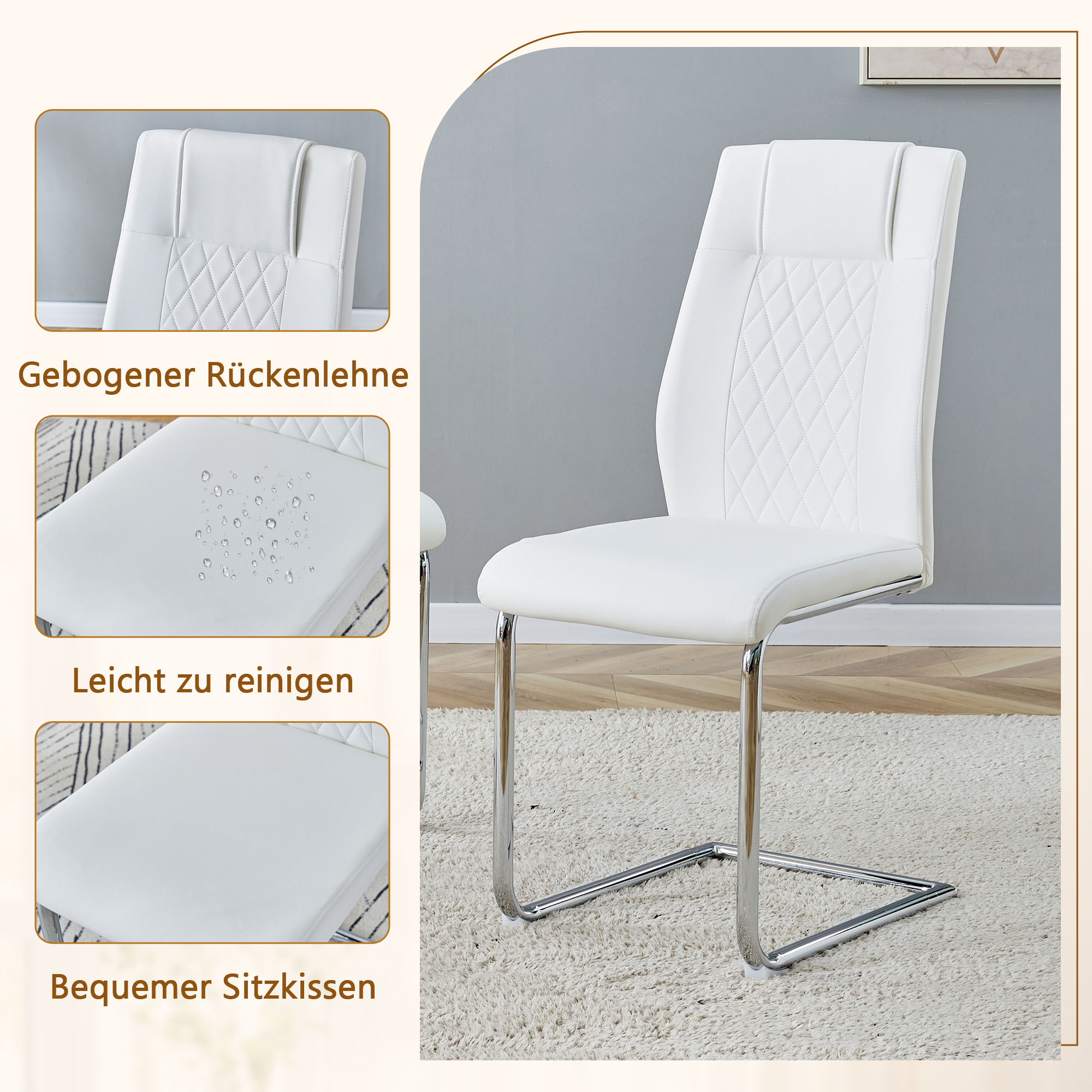 Dining Set - Minimalist Glass Table 85cm with 4 Chairs Metal Legs - White PU