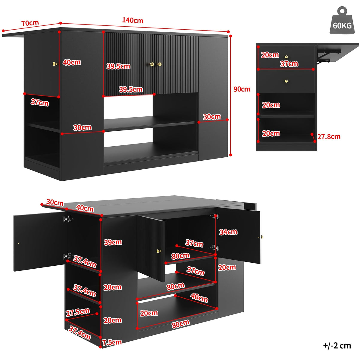 Modern Kitchen Island Cabinet Drawers Shelves Buffet Storage - Black