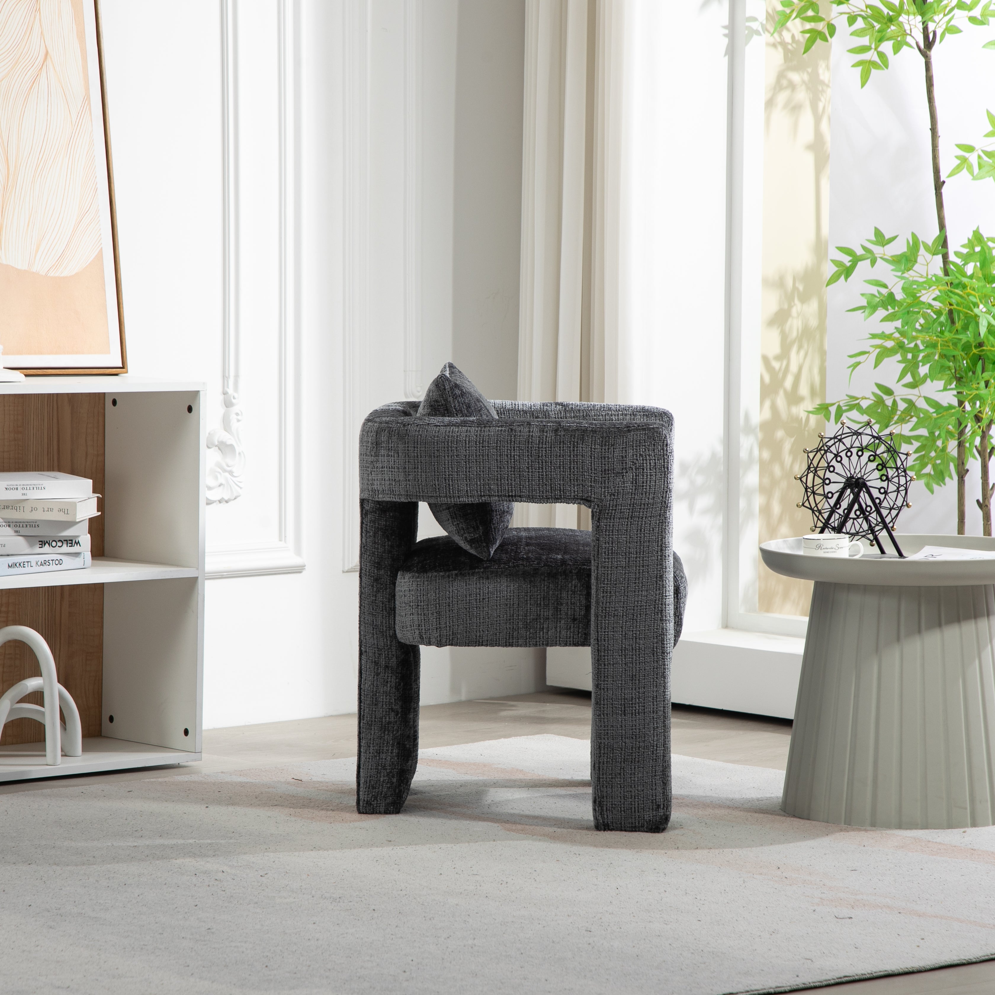 GOMYWAY Modern Chenille Lounge Chair with Hollow Armrest Design and Comfortable Cushions (Dark Gray)