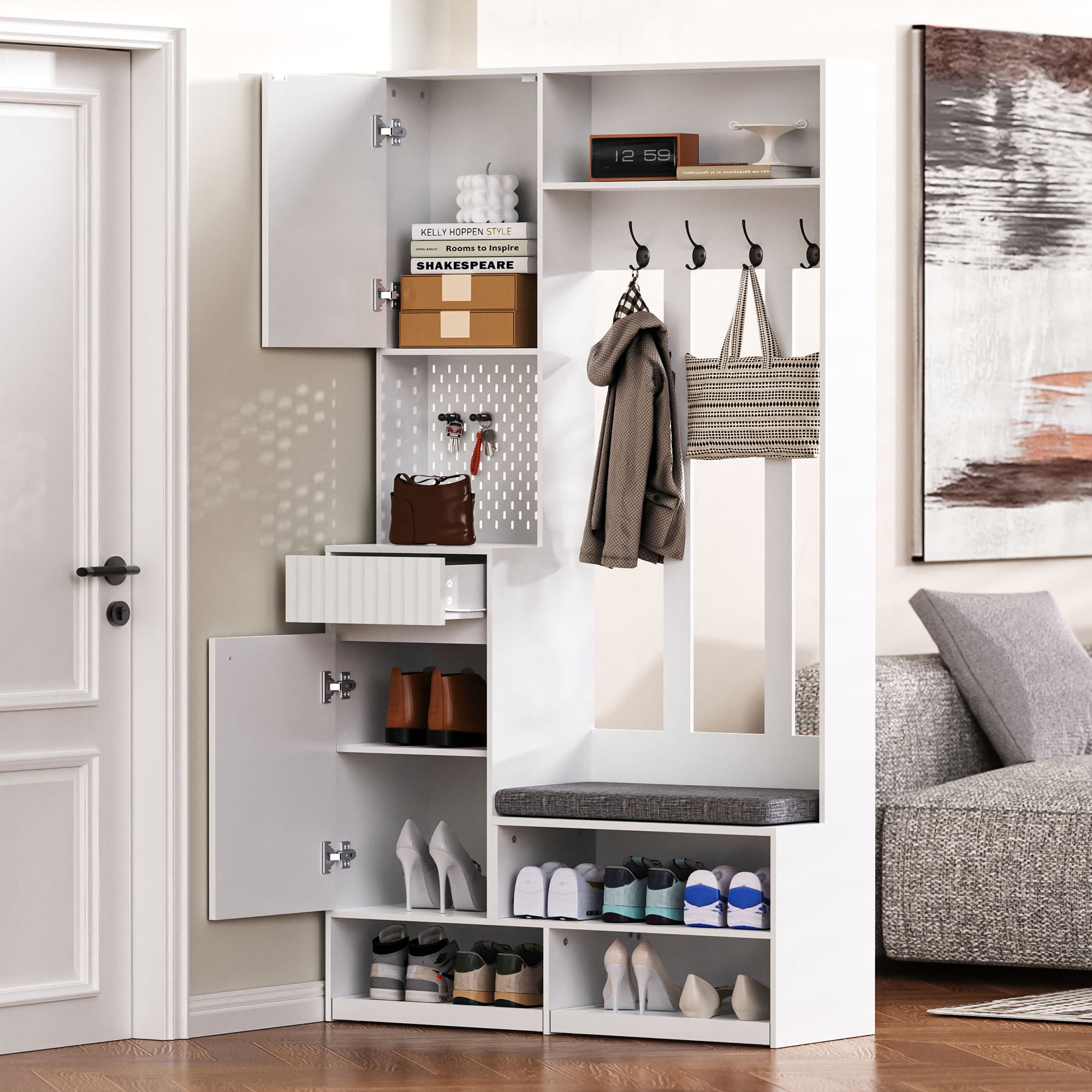 Wardrobe set, complete hallway with bench, 4 hooks, doors & drawers - white
