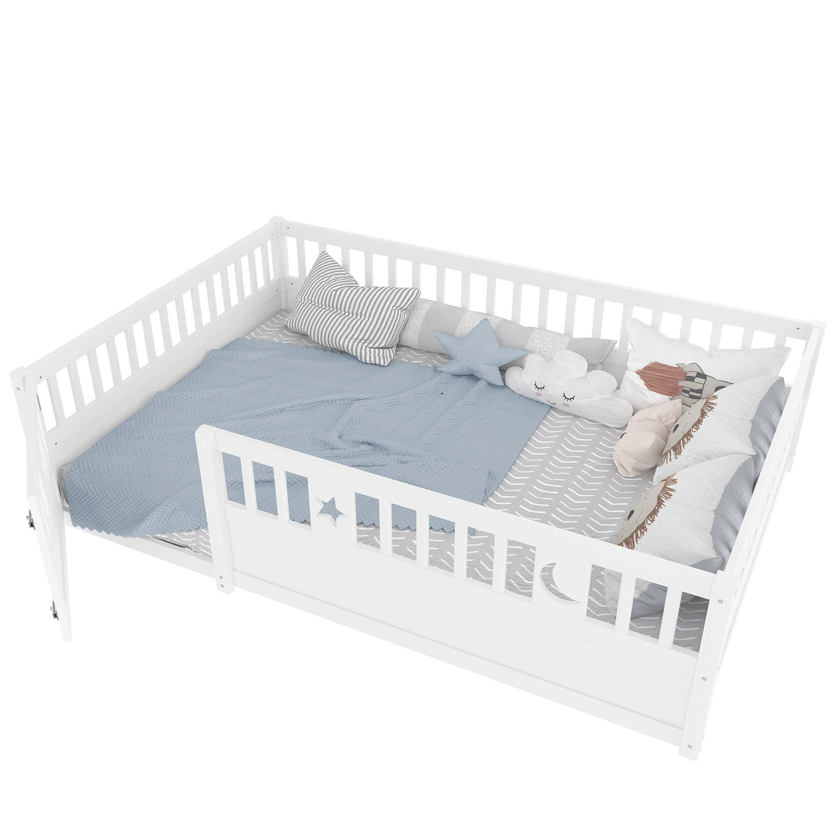 Panel Bed 140x190cm Children's with Railing Star & Moon Decoration - White