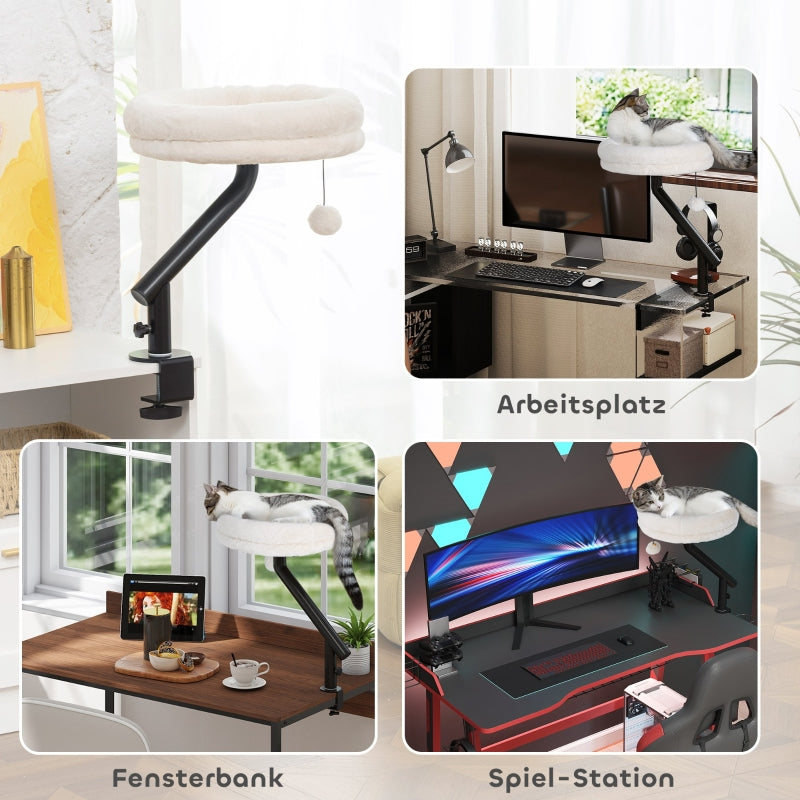 Cat Desk Bed, 360° Rotation, Adjustable Height, Washable, Cream White