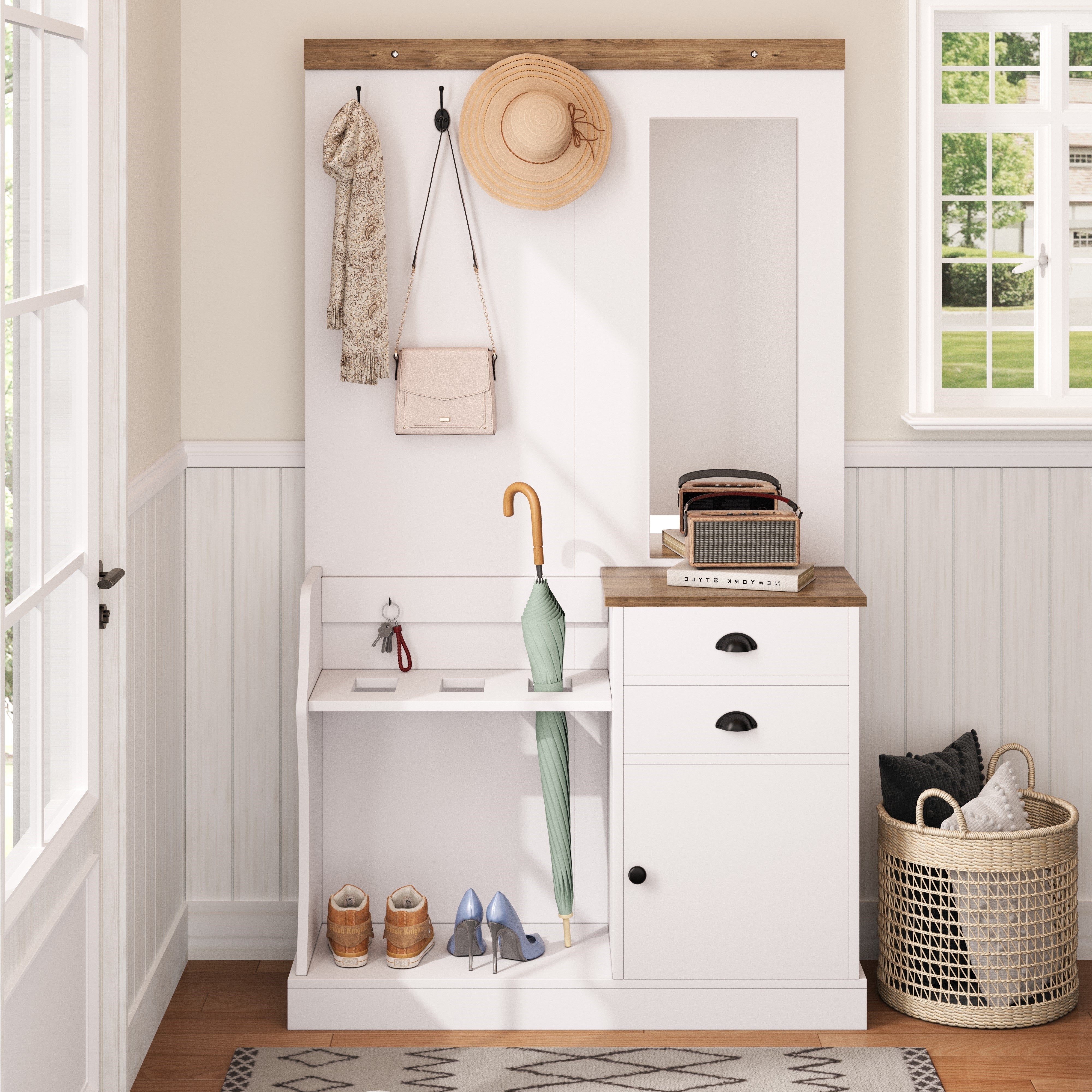 Wardrobe Set with Mirror, Hooks, Drawers & Umbrella Stand, Wood and White