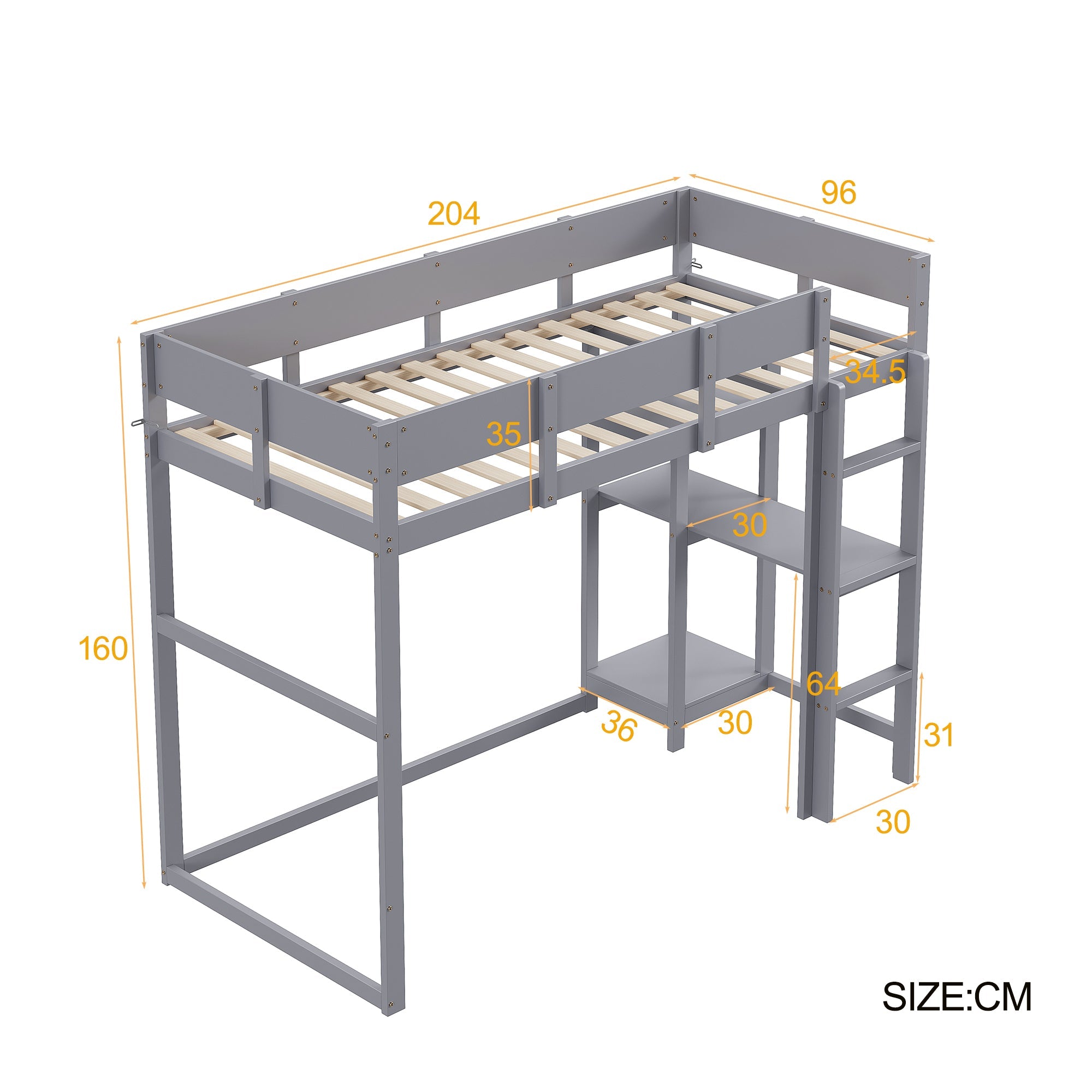 Loft Bed with Storage and Slatted Base, 90x200cm, Grey Pine Wood