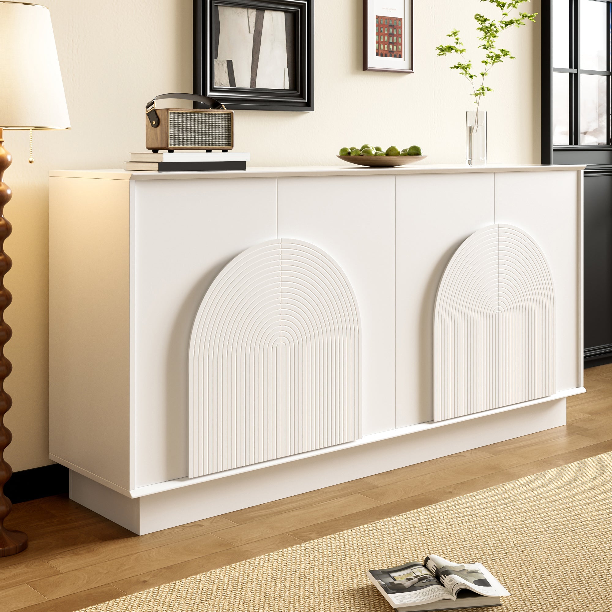 Modern Sideboard with Curved Doors, 4-Door Storage Cabinet for Living Room & Dining Room, White MDF with Matte Finish
