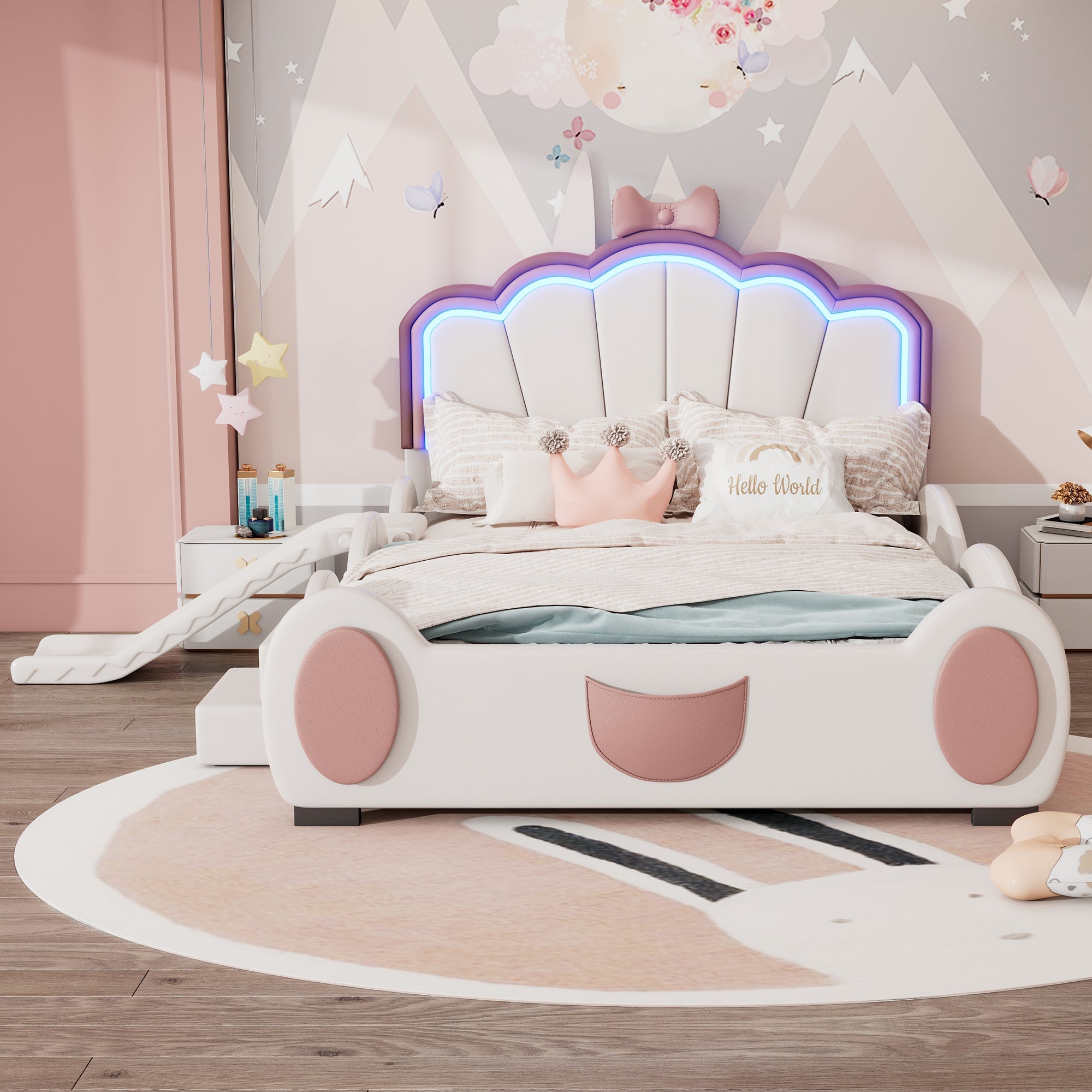 Cartoon Butterfly Bed 140x200cm LED Light Slide Ladder - Pink/White PU