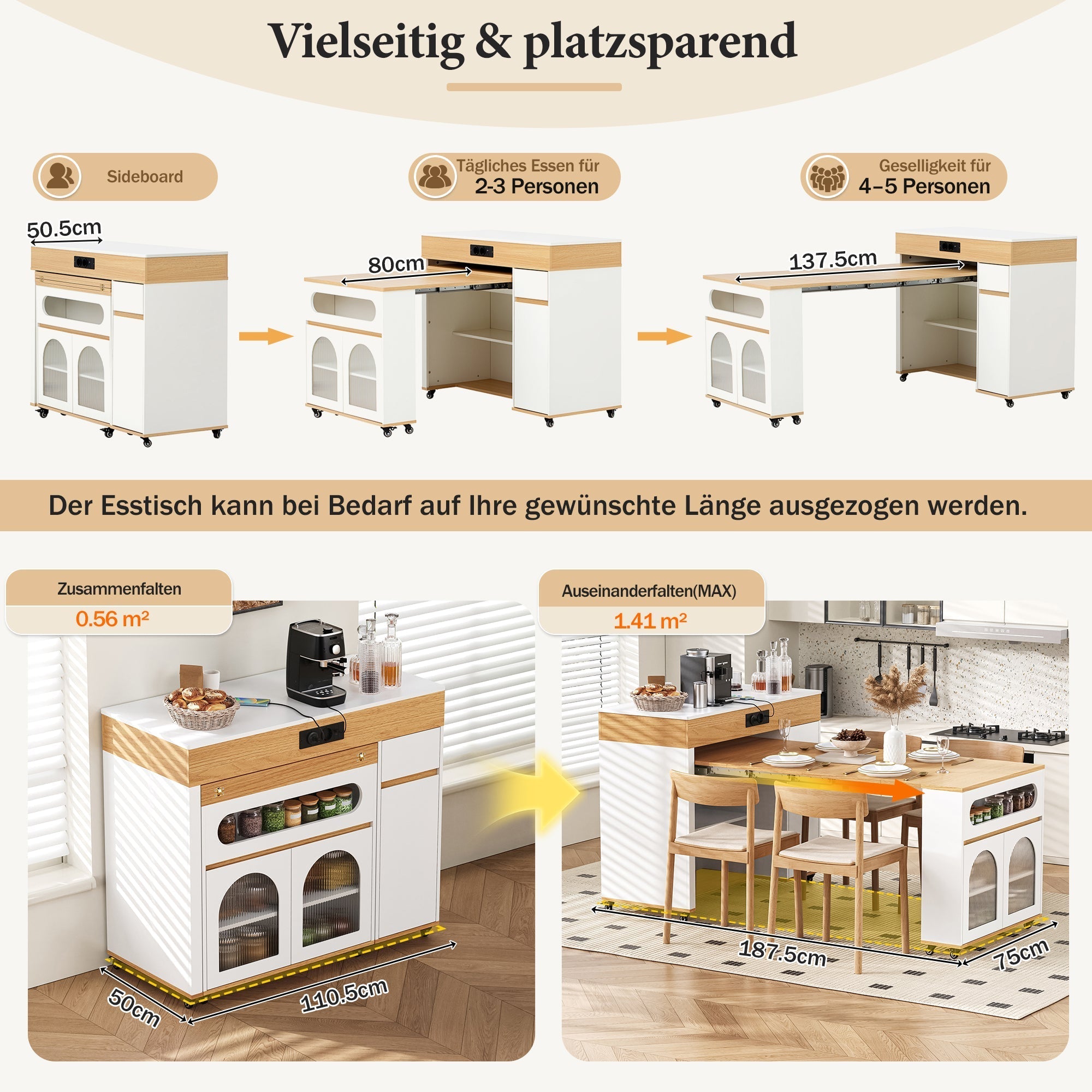 Extendable Kitchen Island Ribbed Glass Power Strip Storage White/Natural