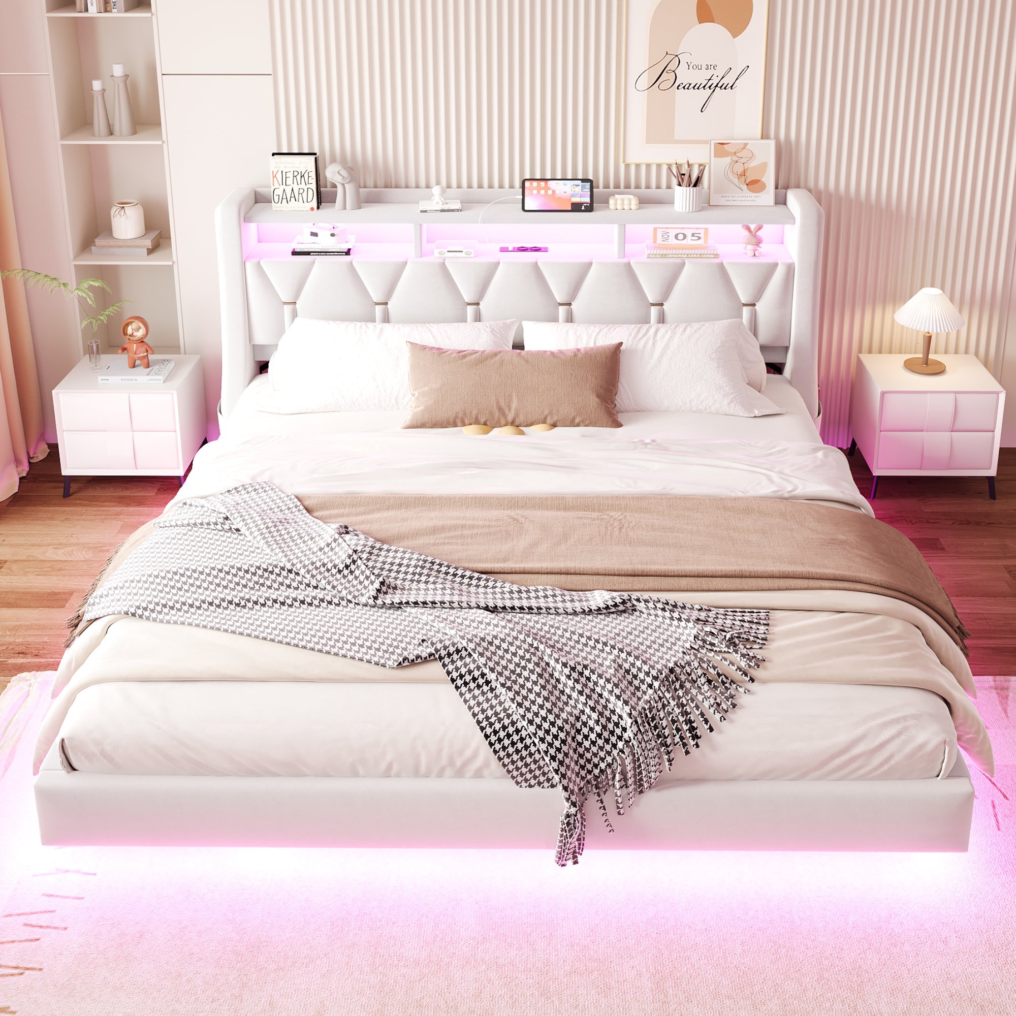 Upholstered Bed 180 x 200 cm with Storage Headboard, Charging Station and LED Lighting, Beige Velvet Fabric