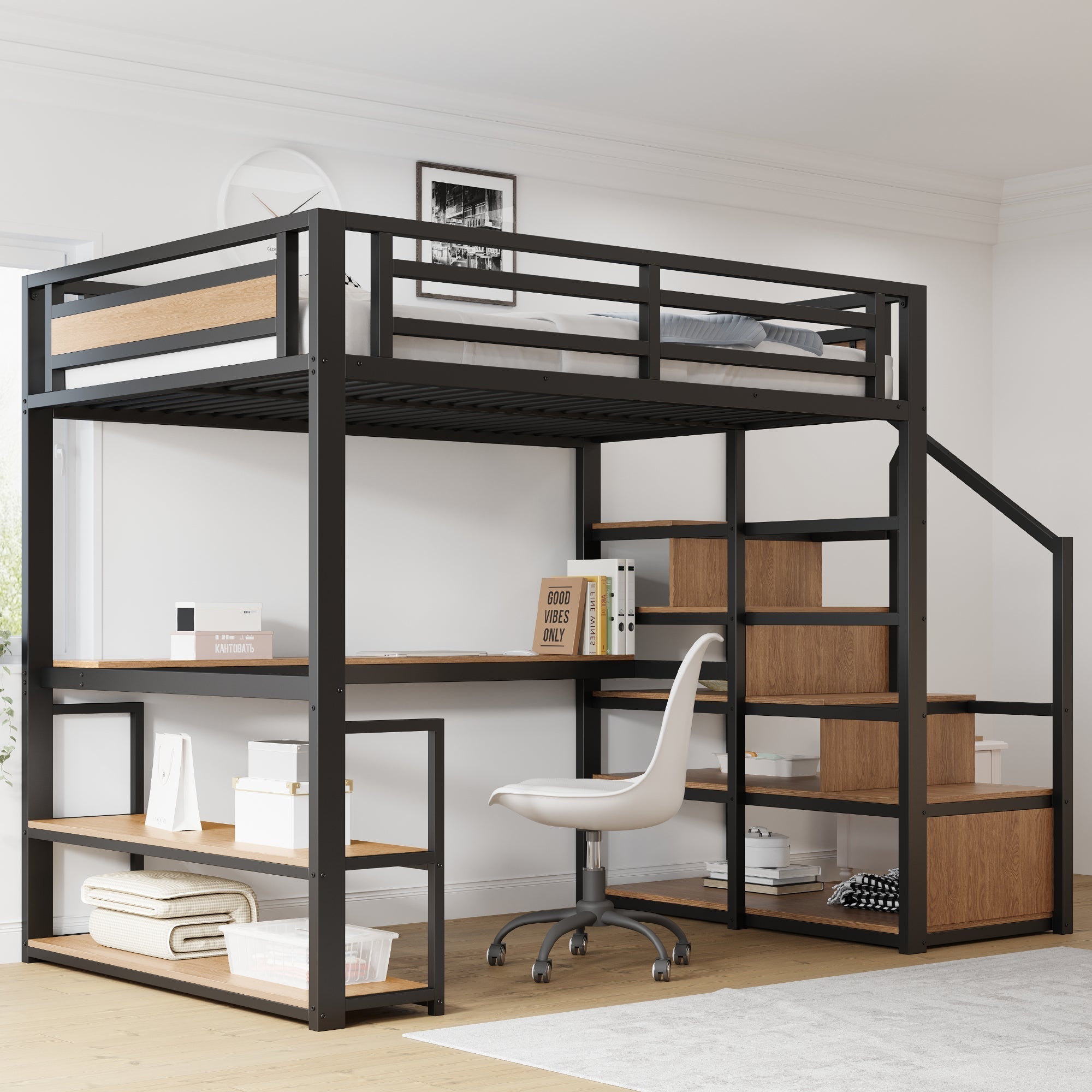 Metal Loft Bed with Desk, Shelves & Storage for Kids
