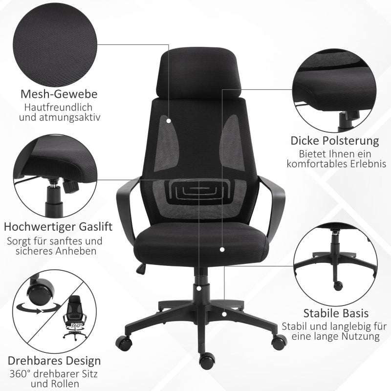 Vinsetto Office Chair, Ergonomic Desk Swivel with Armrests, Headrest, Lumbar, Mesh, Black