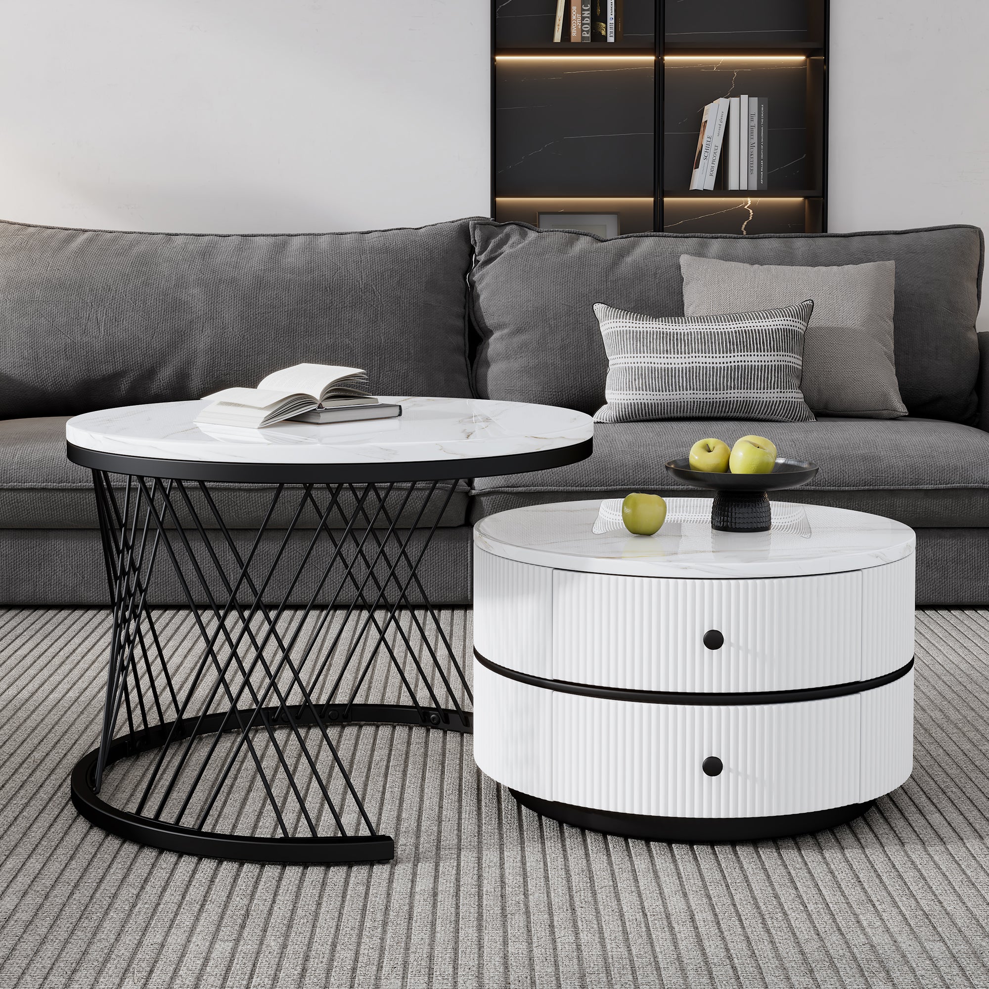 Elegant 2-Piece Nesting Coffee Table Set, Round High-Gloss Marble Look with 2 Drawers, White