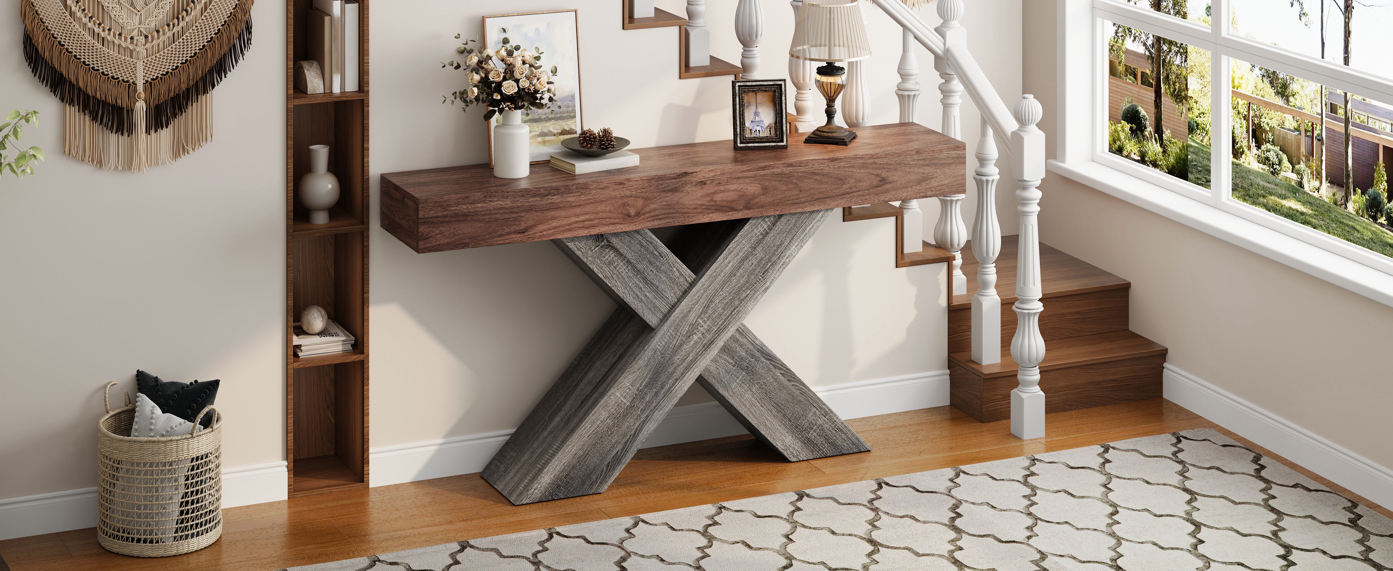 Console Table with X-Shaped Legs, Narrow Side Table for Hallway and Living Room, Wood Look Chipboard