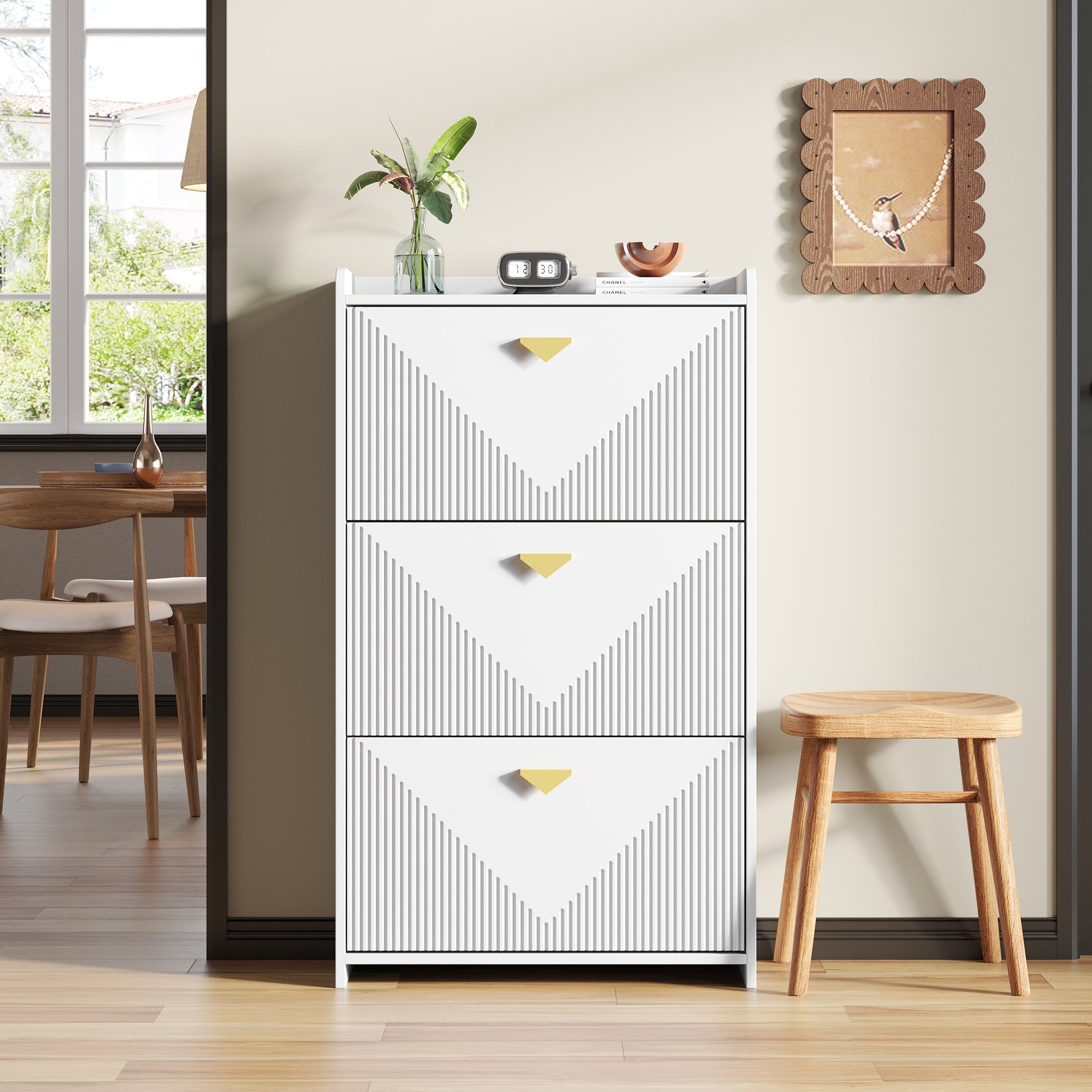 Shoe Cabinet 70x30x120cm 3 Drop-Down Doors Adjustable Width - White MDF