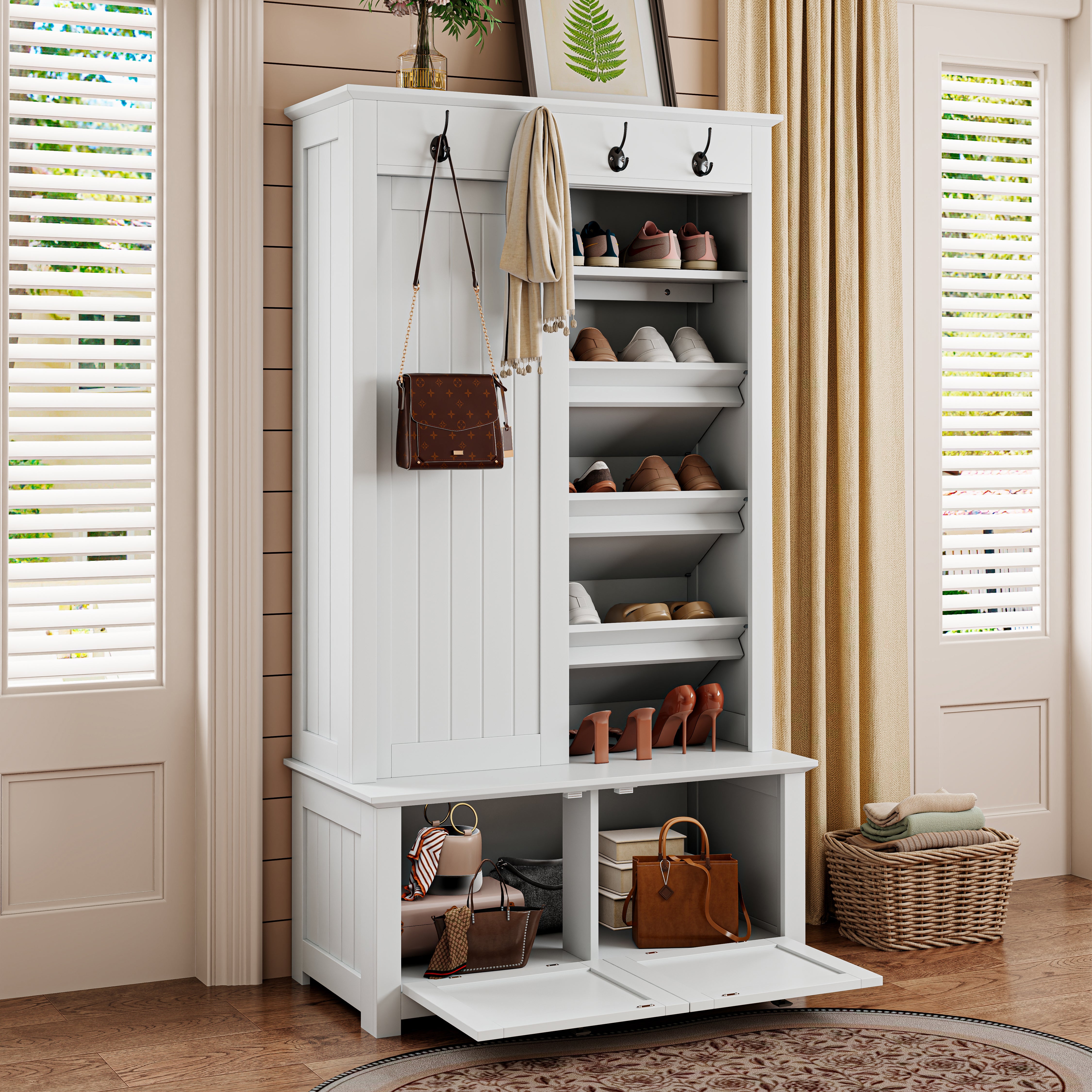 Minimalist Wardrobe Set with Shoe Cabinet, Hooks & Storage - White