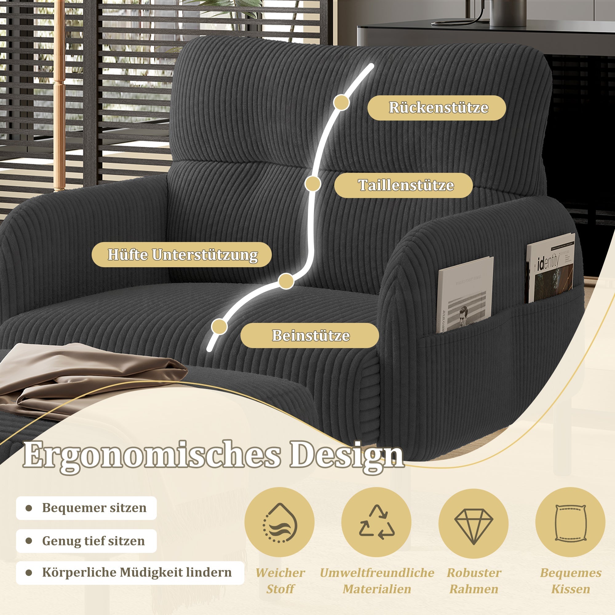 Sofa/Chair with Side Pockets, Comfortable Solid Structure, Velvet Fabric