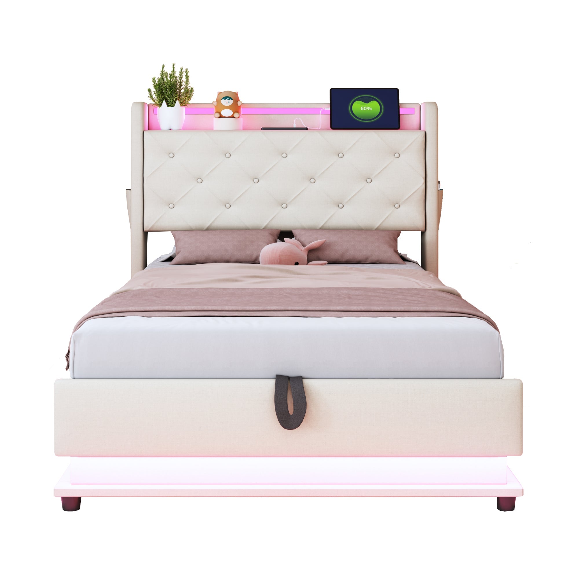 Children's Upholstered Bed 90*200cm, Lights, USB, Storage, Beige Linen