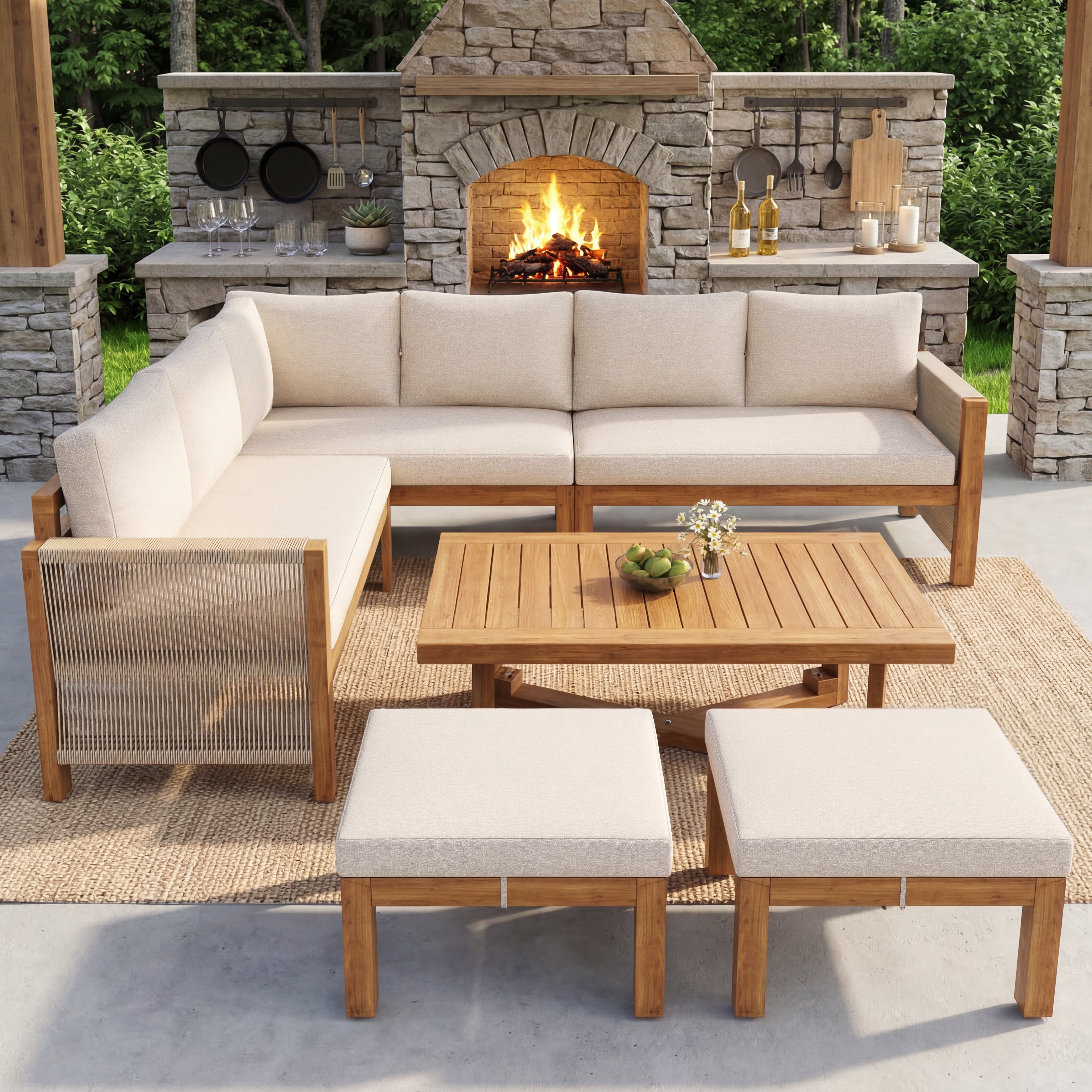 Modular Garden Furniture Set with 6-Seater Corner Sofa, 2 Stools and Table, Acacia Wood