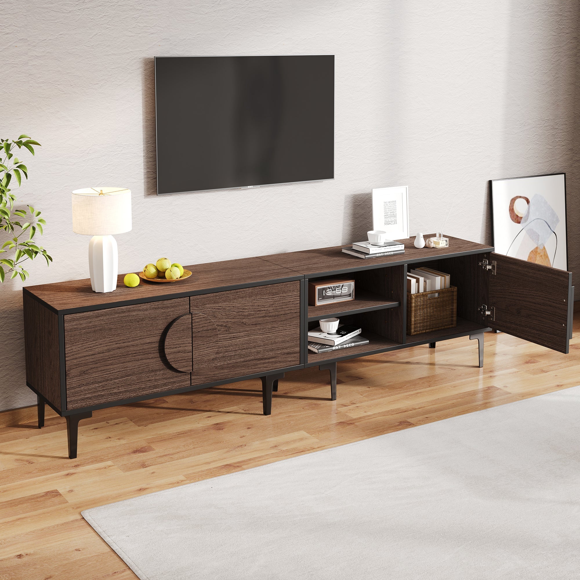 TV Cabinet Lowboard 180cm 2 Cabinets Open Shelves for 80 Inch TV - Dark Walnut