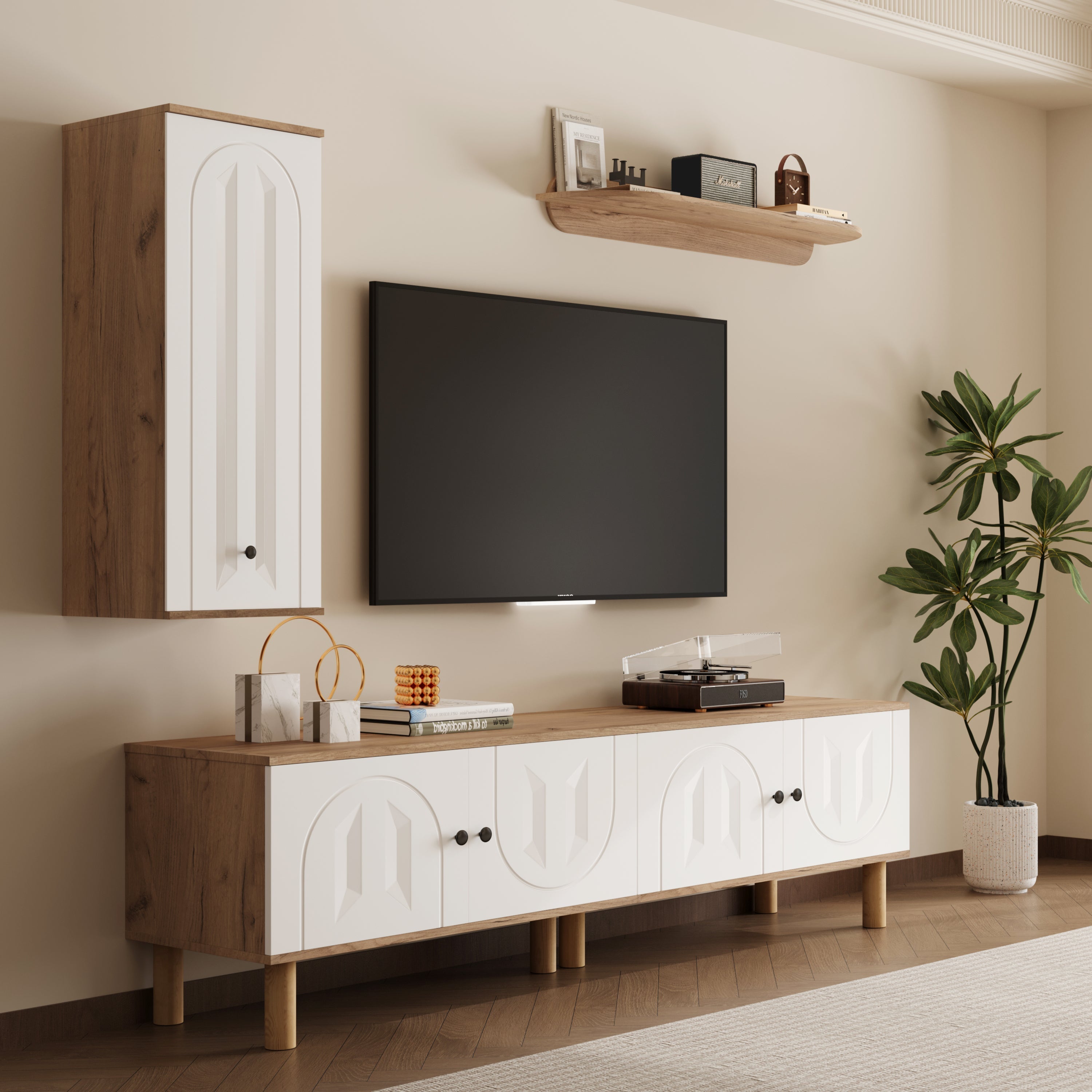 Wall Unit, Highboard Cabinets Shelf, White Wood