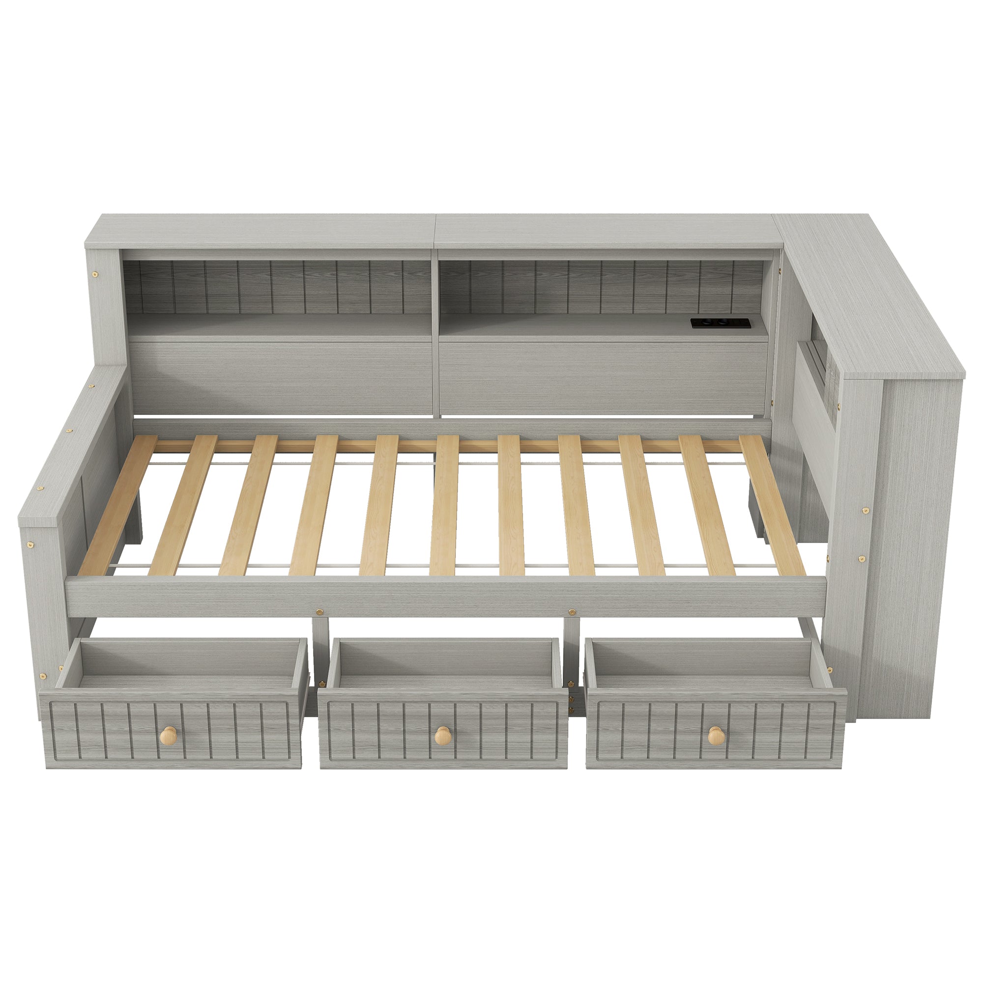 Wooden Daybed with Storage Compartments and 3 Drawers, 90 x 200 cm, Grey
