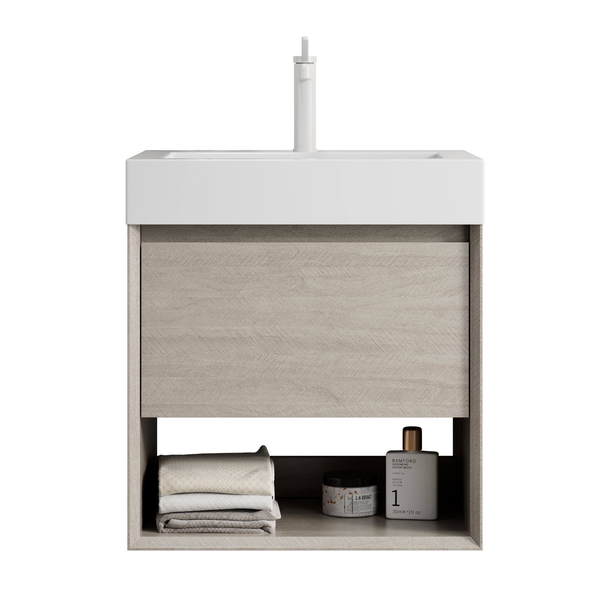 Bathroom Vanity Unit with Resin Basin and Storage, Light Oak Wood Grain