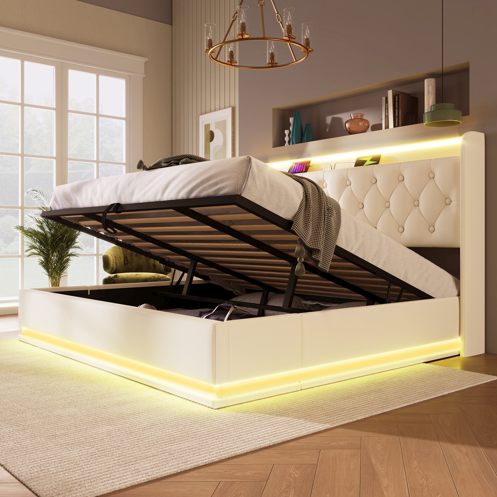 Upholstered Double Bed with Hydraulic Storage, 360 Degree LED and USB C Charging, 180x200cm, White PU Leather