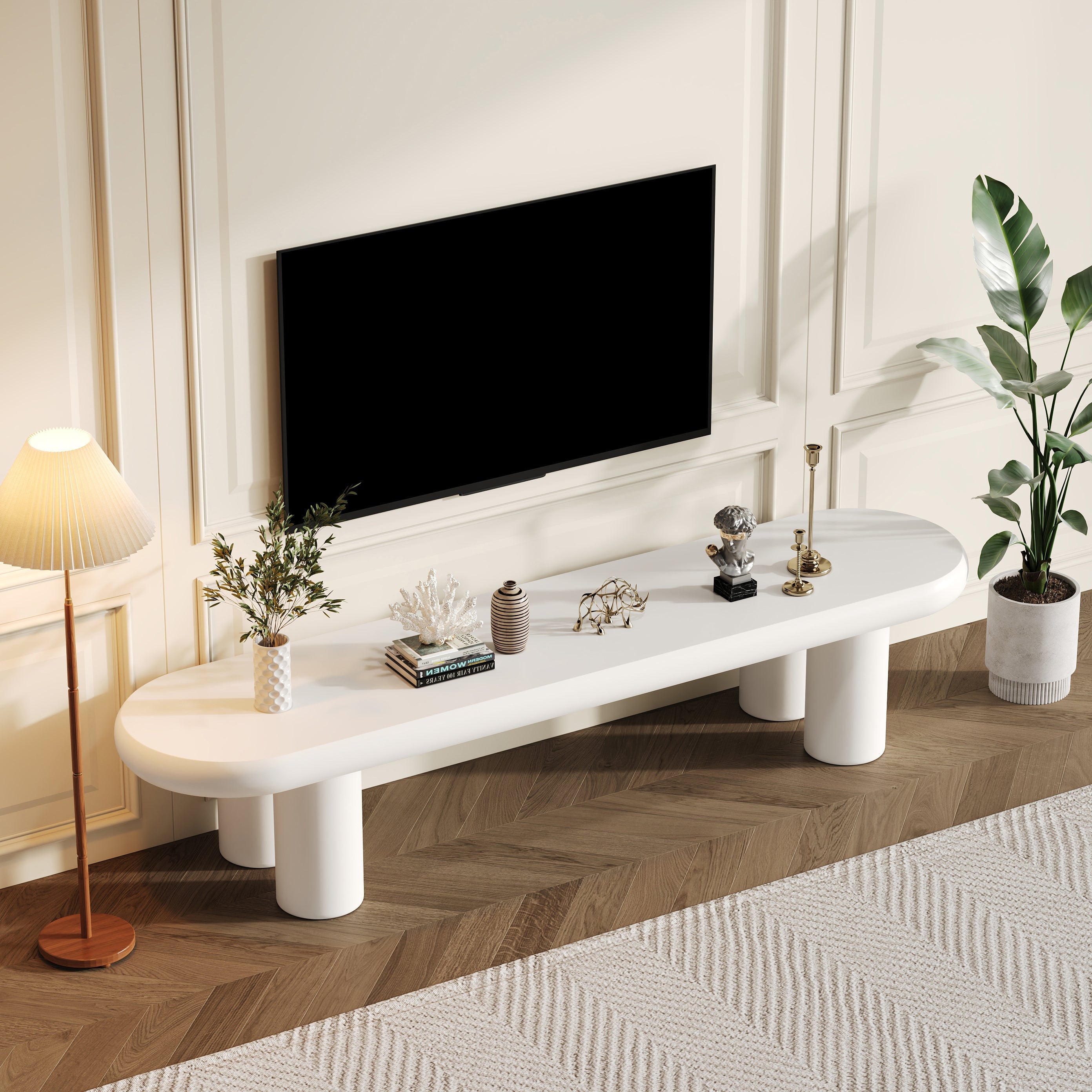 TV Stand Cabinet, White Painted, for TVs up to 70 inch, Wooden Entertainment Center