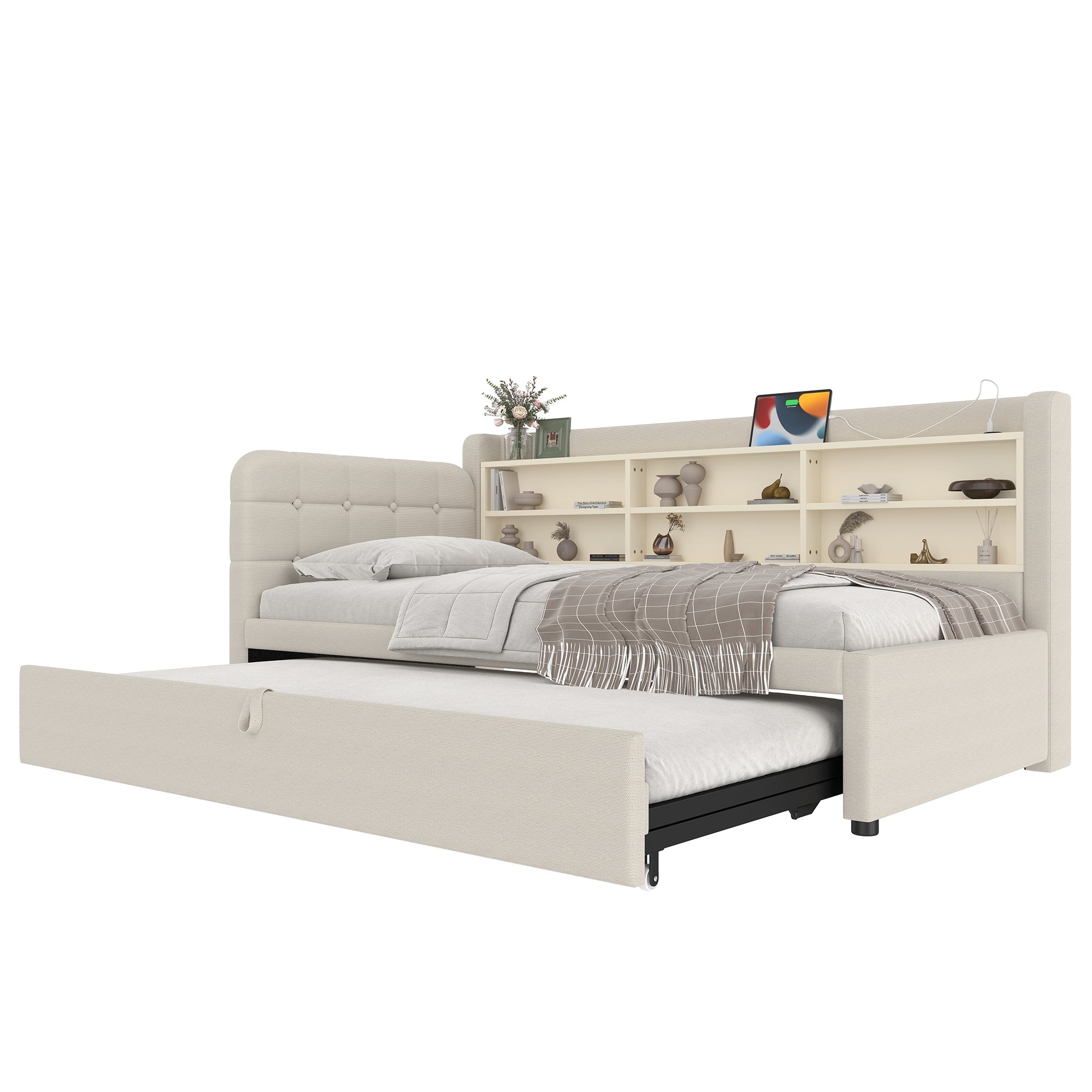 Daybed Sofa Bed 90x200cm Pull-out Bed USB/Type-C Storage Shelves - Linen Beige
