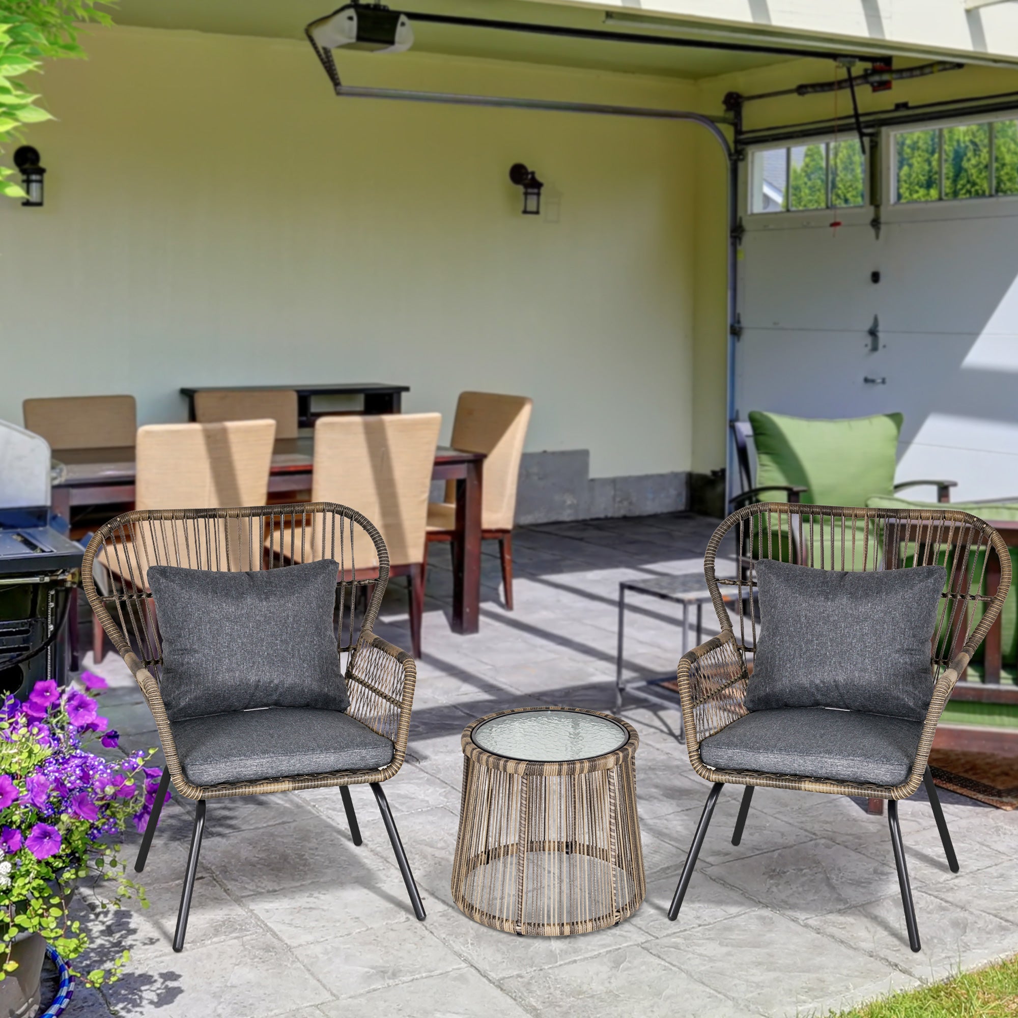 3 Pieces Rattan Bistro Set, Wicker Garden Furniture with Cushions and Glass Top Table, Grey