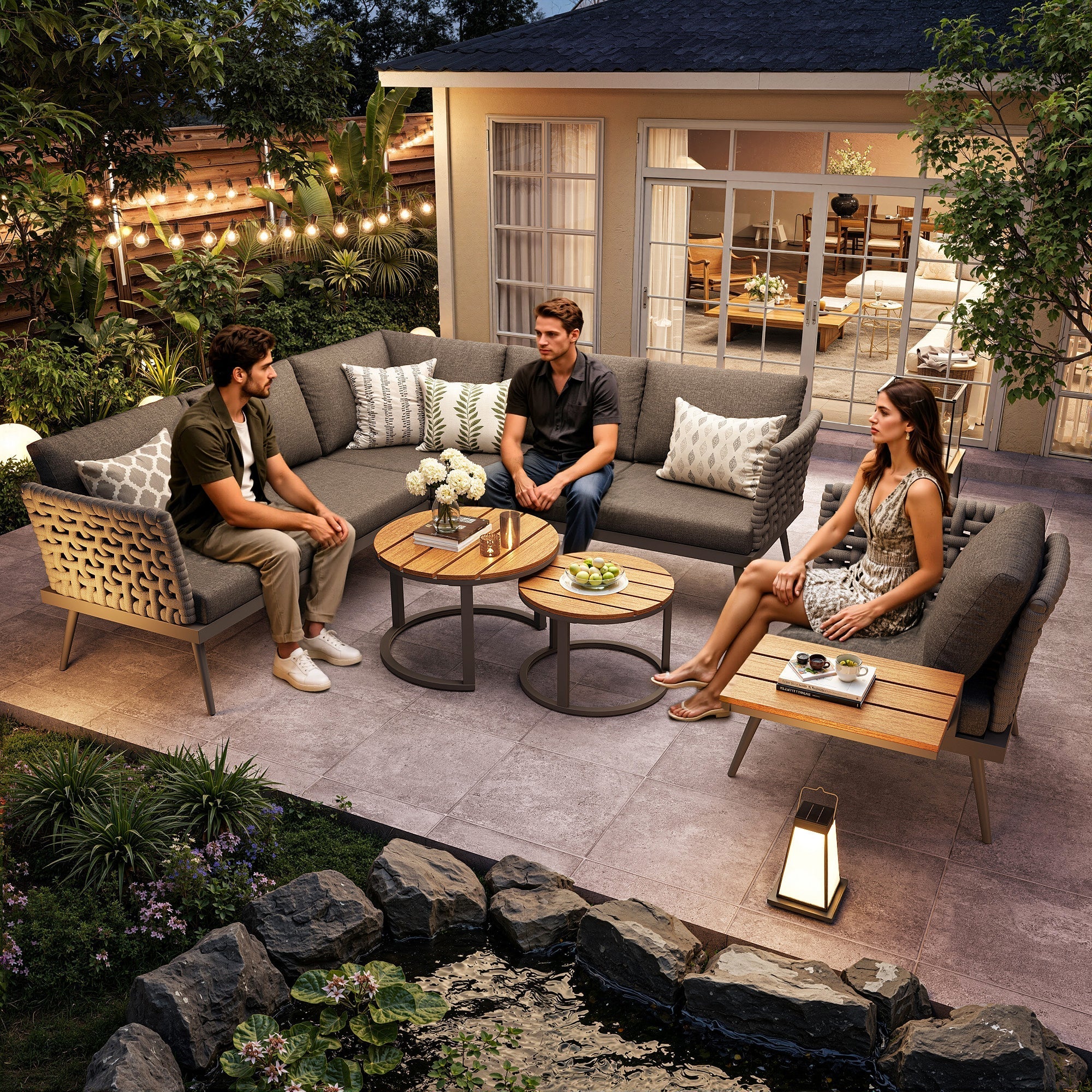 L-Shaped Garden Sofa Set with Coffee Tables and Armchairs, Grey and Beige