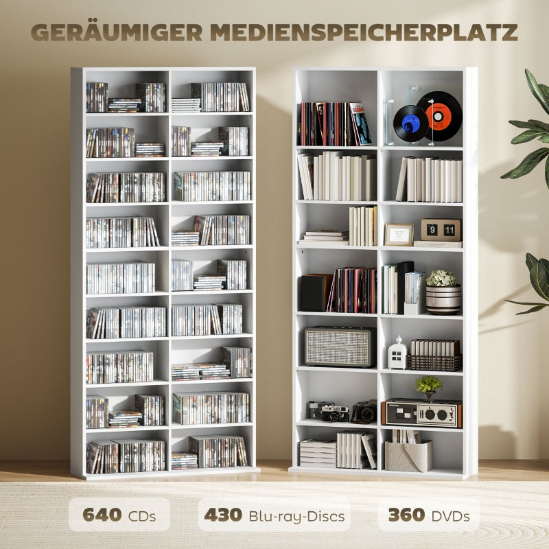 CD/DVD/Blu-ray Media Shelf/CD Stand, 640 CD/360 DVD/430 Blu-ray Storage 78.5x24x175 cm, White